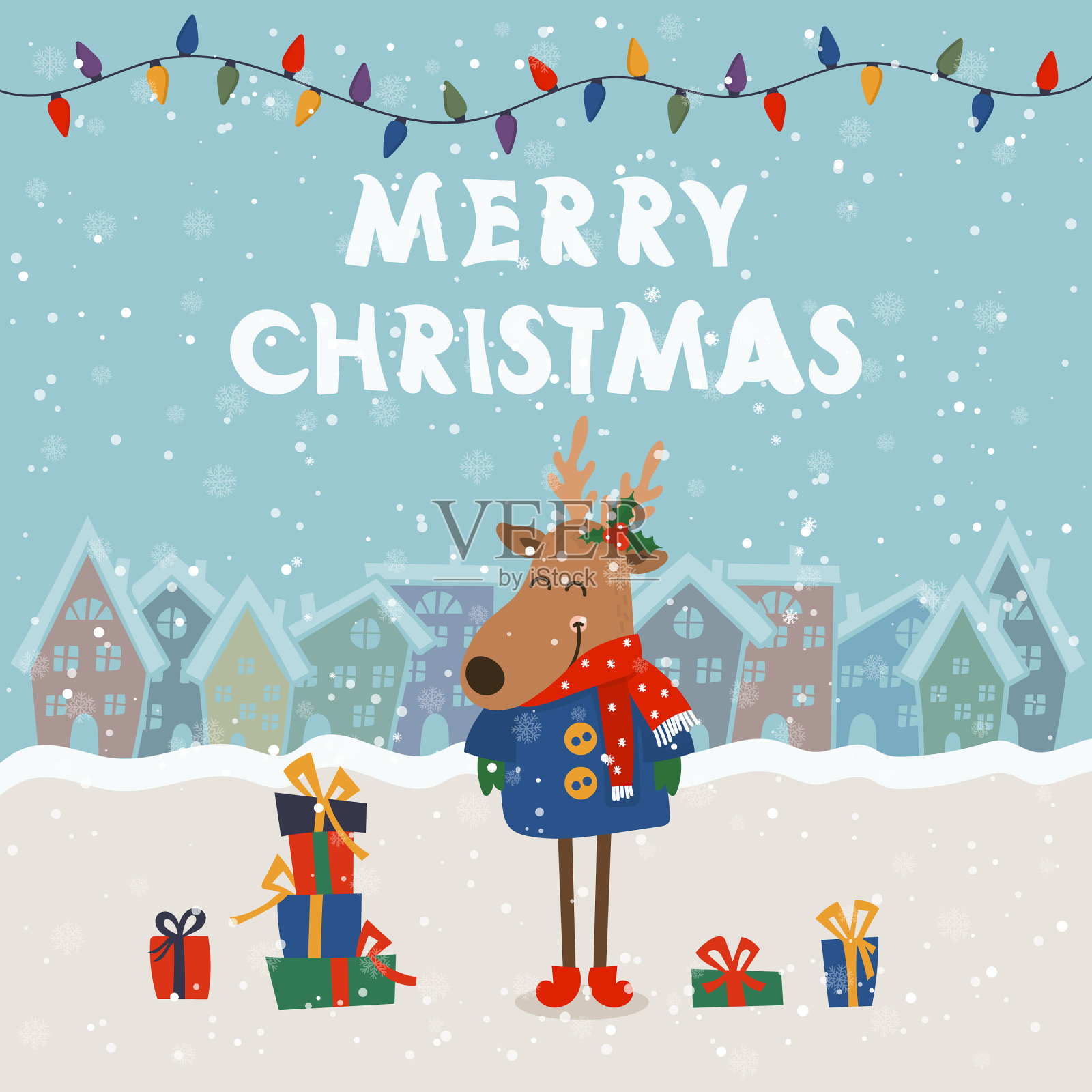 卡通节日主题与鹿在冬天插画图片素材
