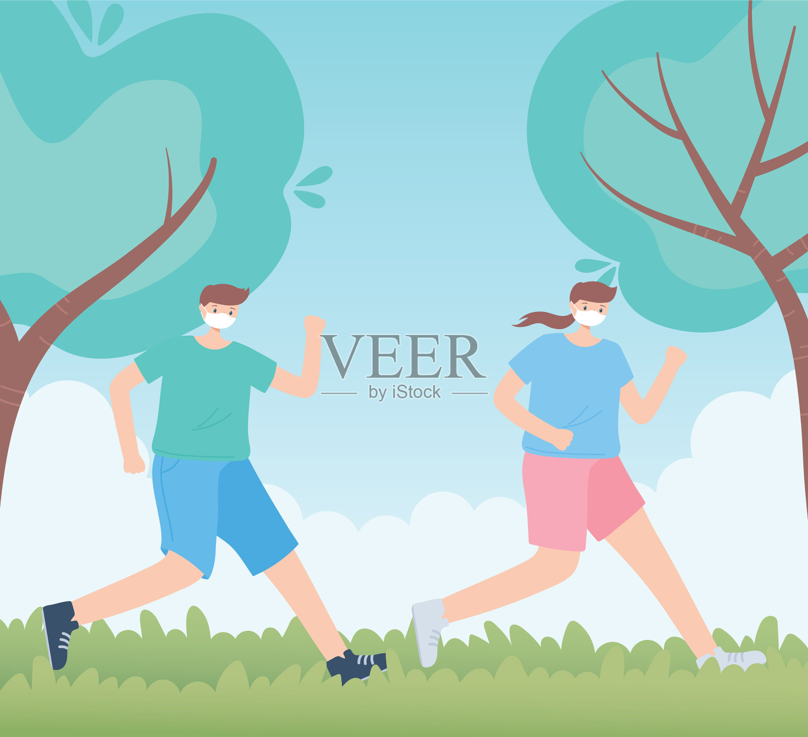 戴着医用口罩的夫妇跑进来插画图片素材