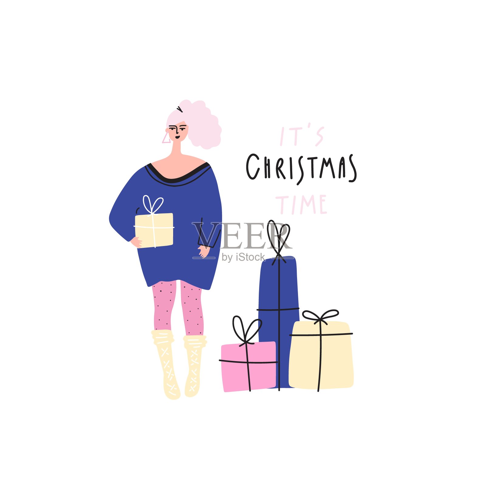 穿着针织袜子和毛衣的女人手里拿着礼盒。手写文字:圣诞节到了。矢量手绘插图插画图片素材