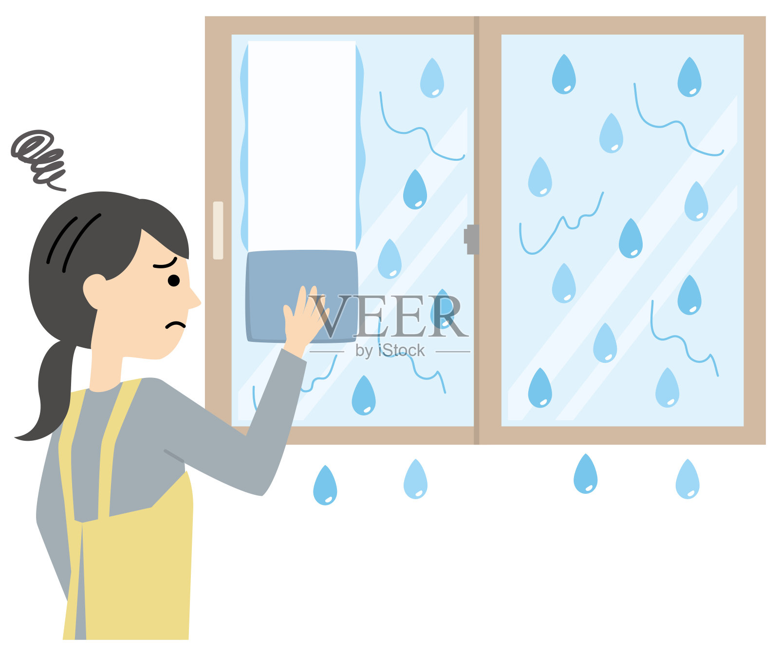 一位穿着围裙的妇女正在努力擦一扇被凝结水弄湿的窗户插画图片素材