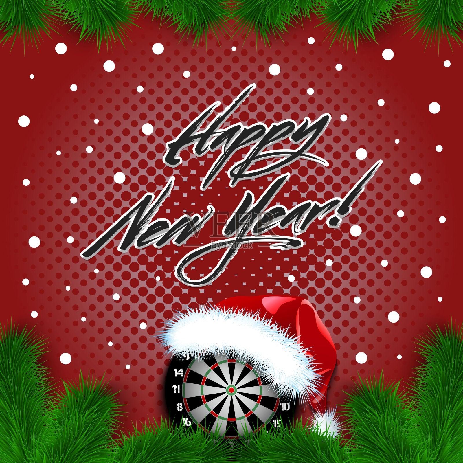新年快乐。戴着圣诞帽的飞镖插画图片素材