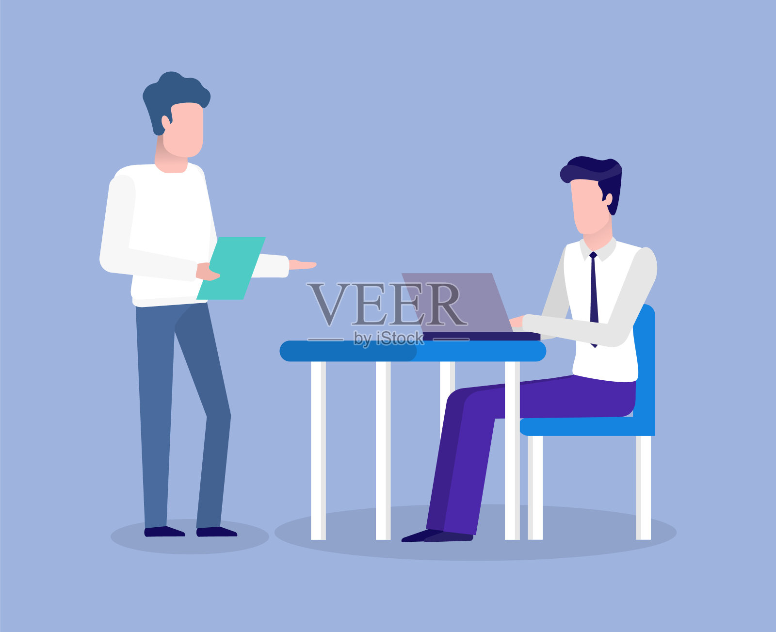 男人工作和讨论,使用笔记本电脑矢量插画图片素材