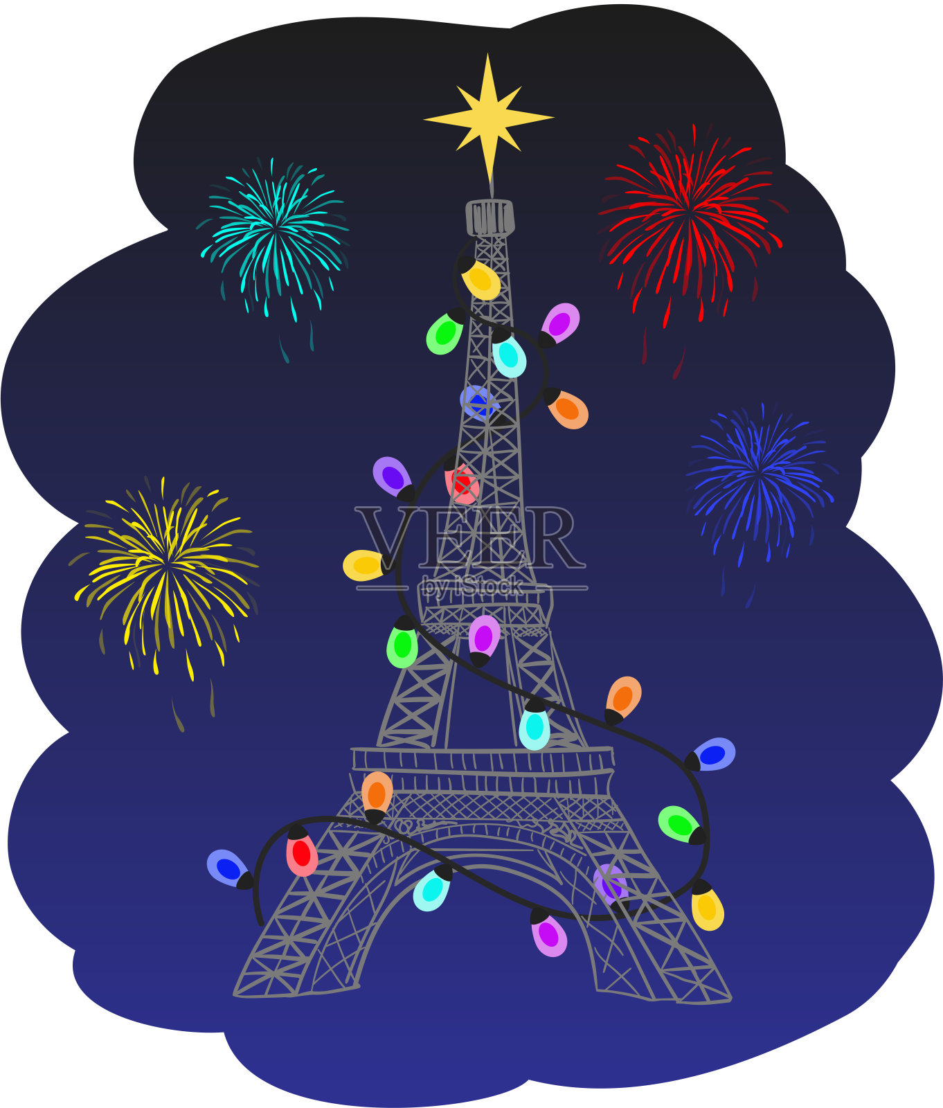 埃菲尔铁塔上有伯利恒之星和灯光。设计元素图片