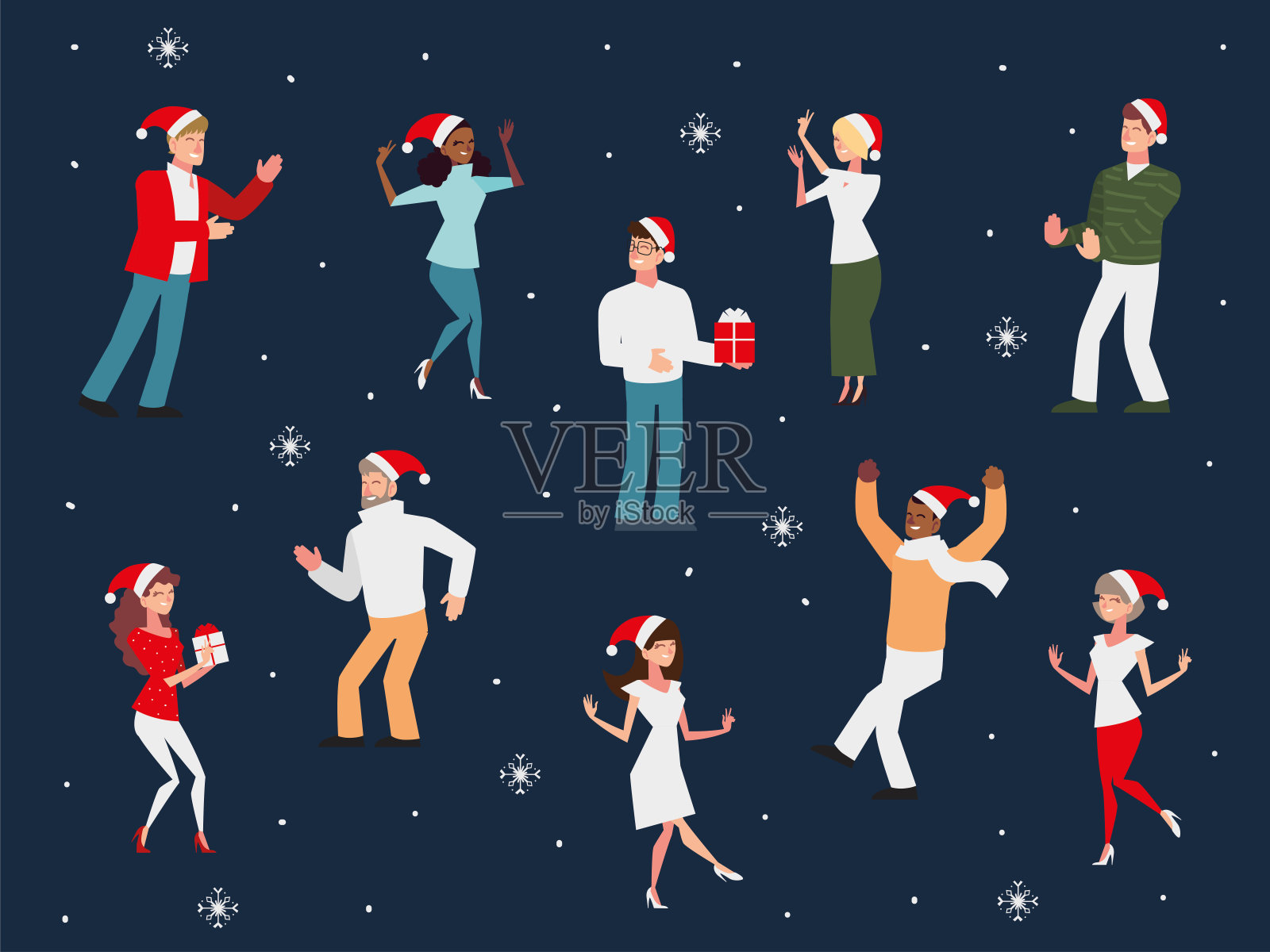 圣诞节的人们拿着礼物和圣诞老人的帽子跳舞庆祝插画图片素材