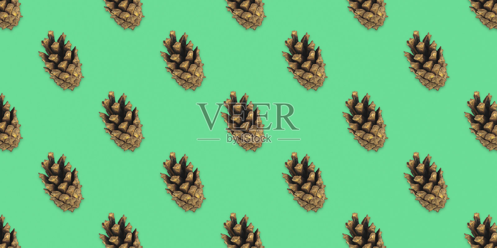 现代无缝模式与松果,平铺设计,柔和的绿色背景,假日和冬季模板照片摄影图片