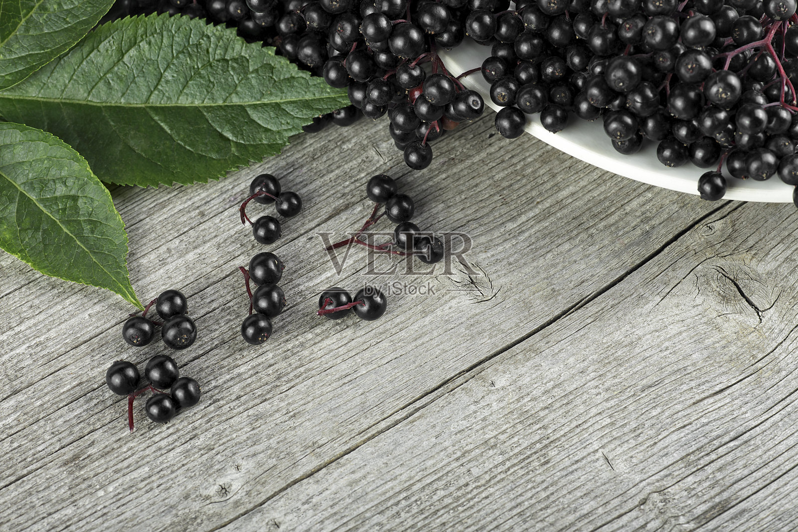 新鲜的接骨木莓放在陶瓷碗里,放在木桌上。成熟的黑接骨木莓的治疗浆果。照片摄影图片
