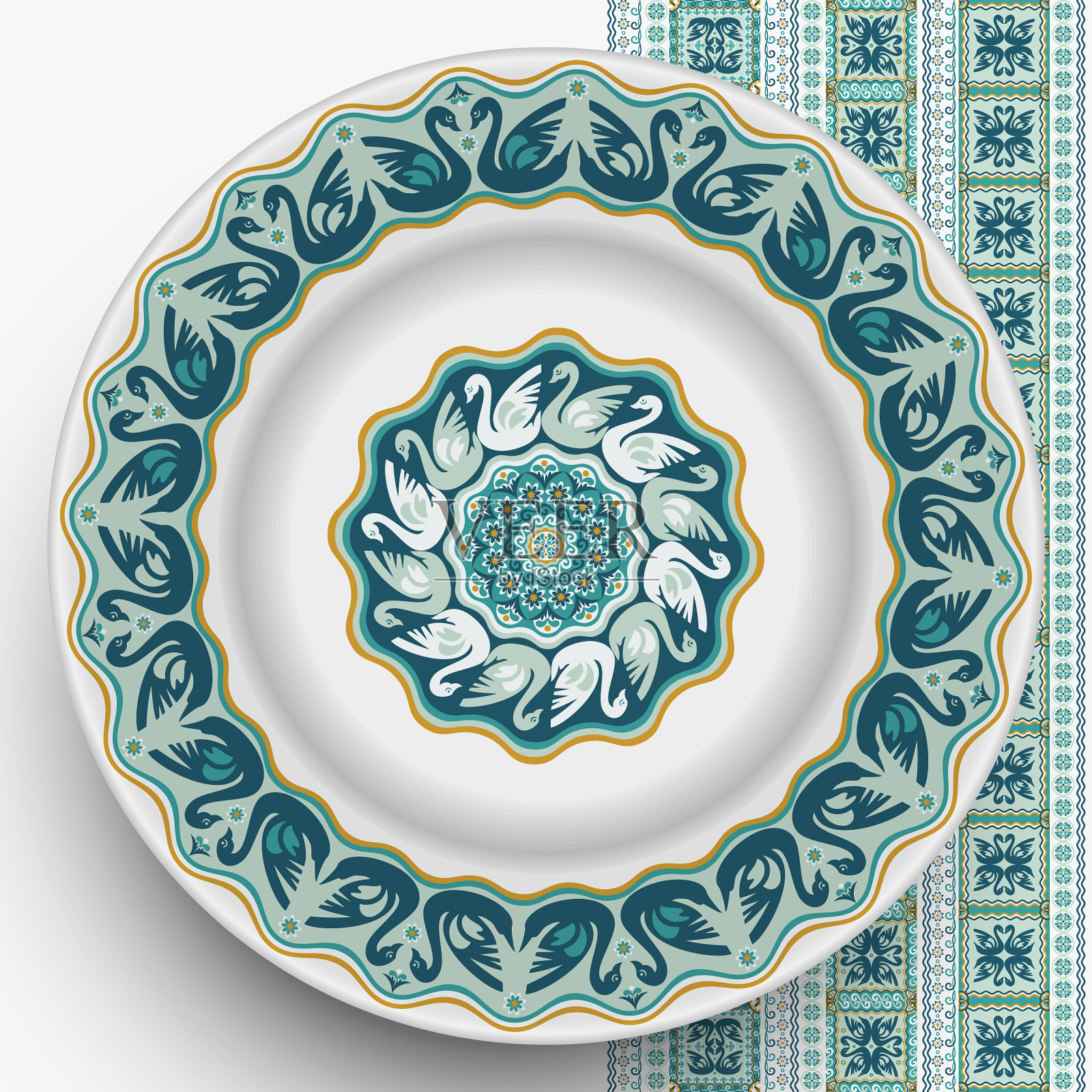 带有装饰性鸟类装饰的盘子插画图片素材