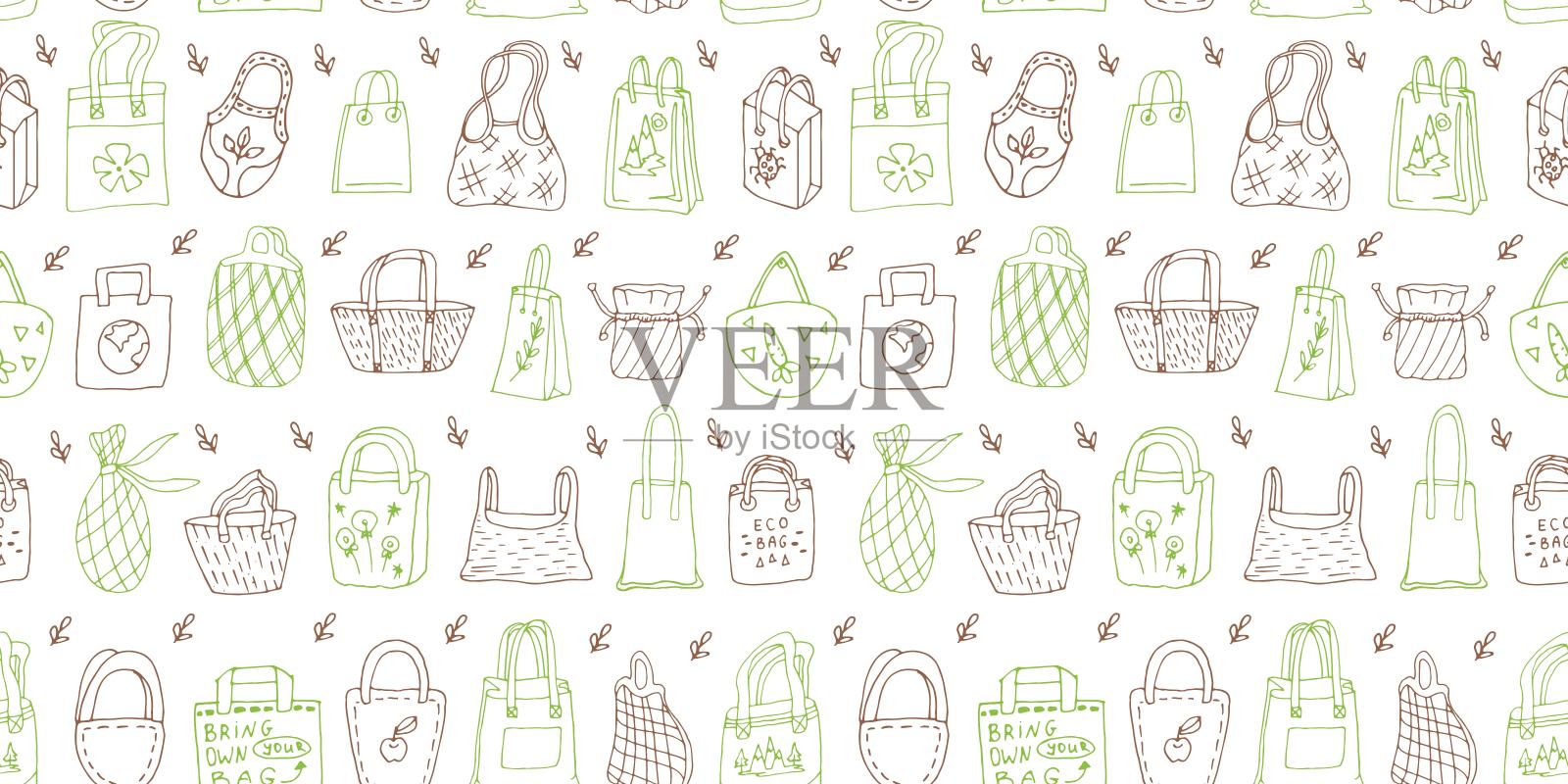 无缝模式与黑色轮廓生态袋白色背景,手绘,图形纸设计。图案有可重复使用的网袋,网袋,网袋,环保标志。插画图片素材