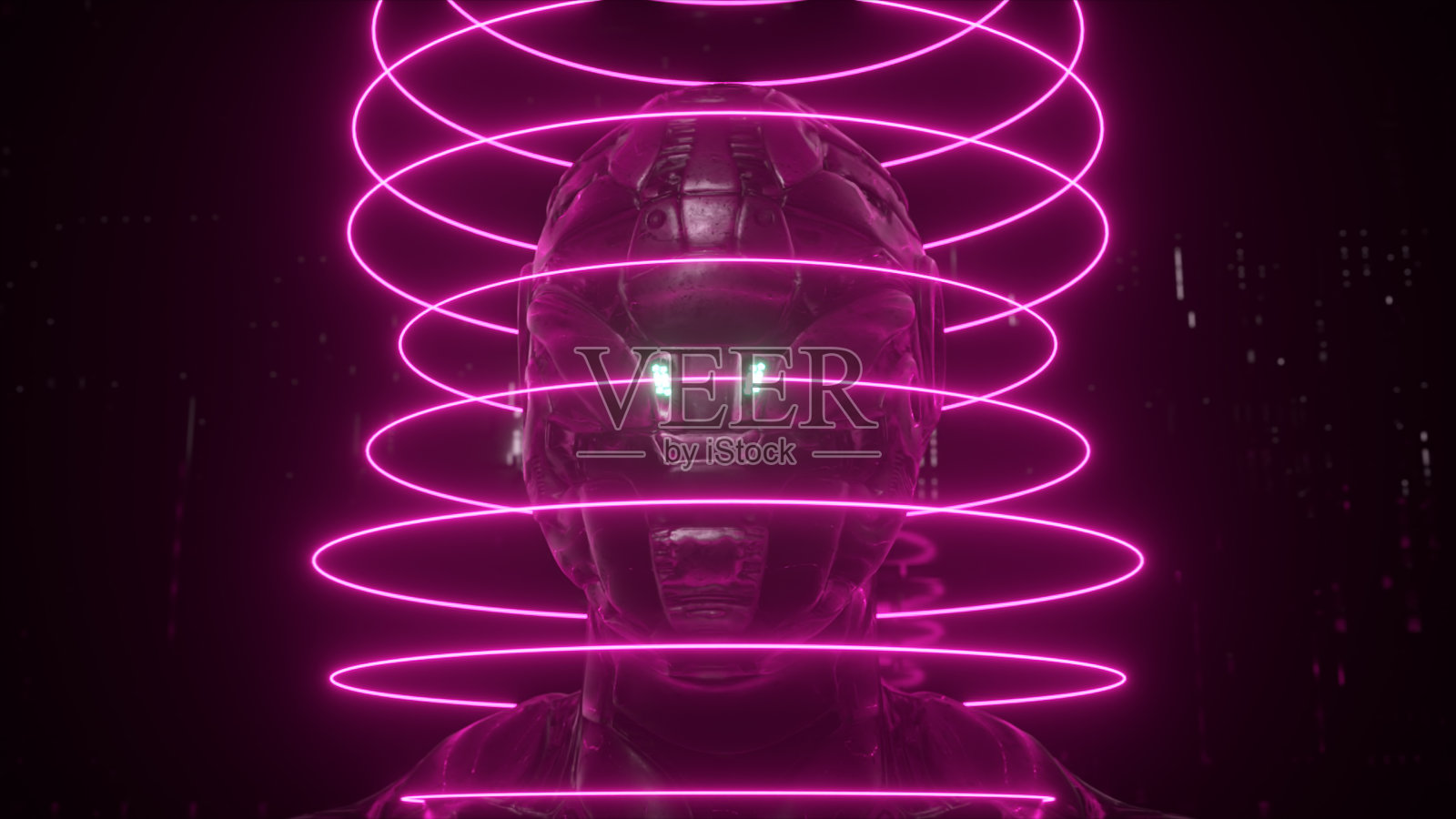 一个带氖环的半机械人的肖像,以科技为背景。三维演示照片摄影图片