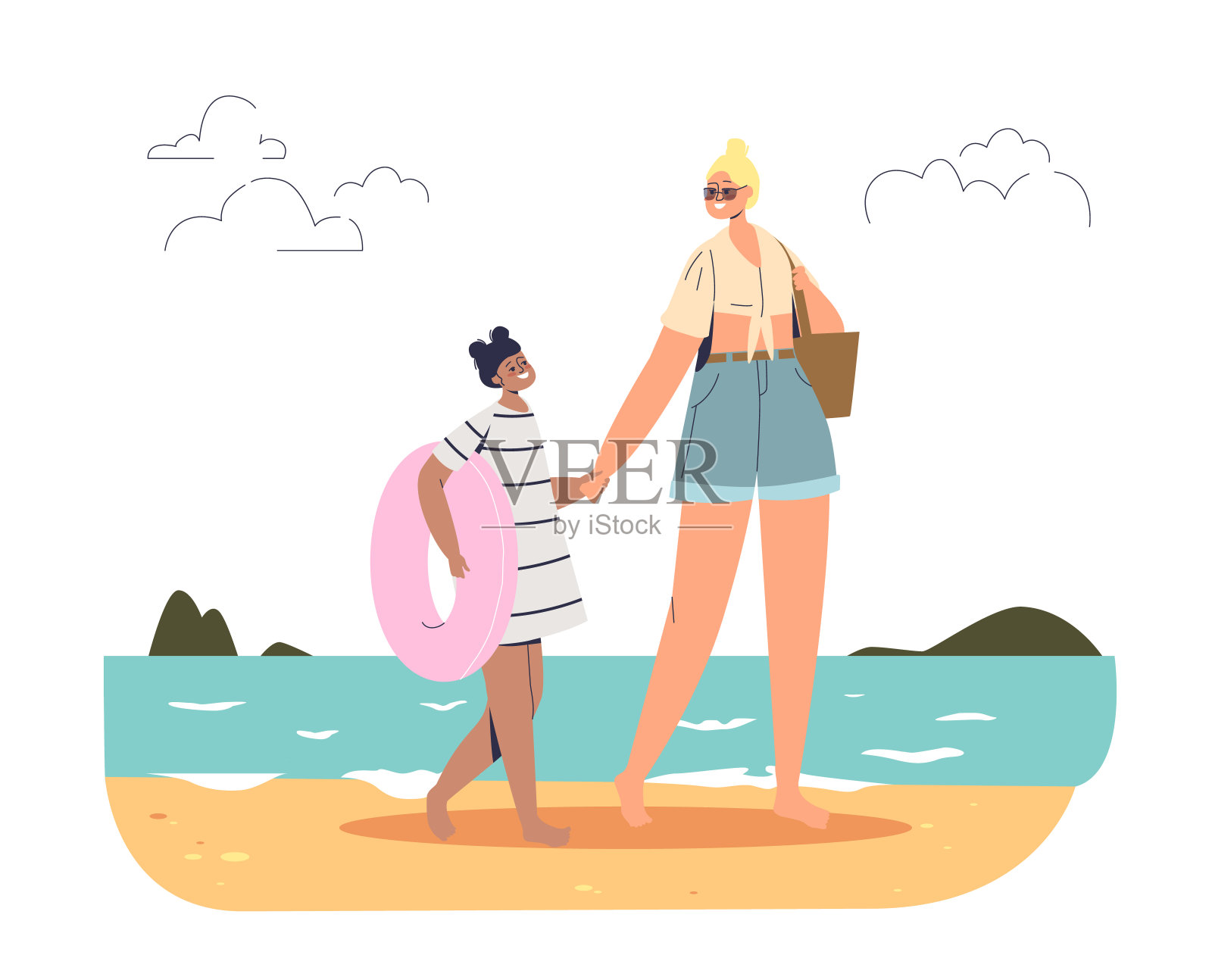 母亲和女儿在海滩上。女孩拿着救生圈和妈妈的手度假插画图片素材