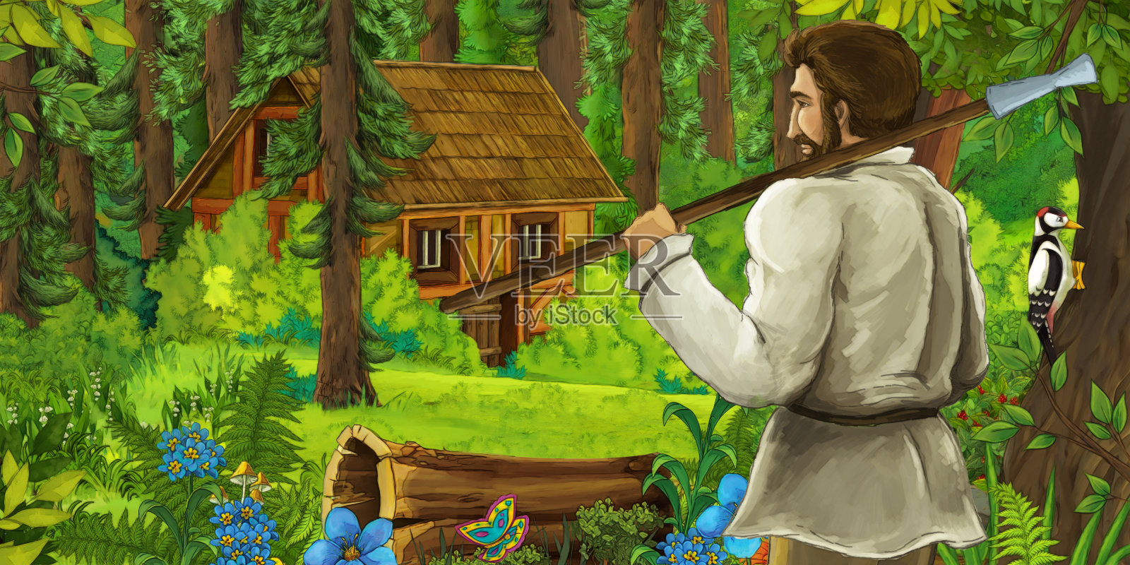 卡通场景与农民附近的木制农场在森林-插图插画图片素材
