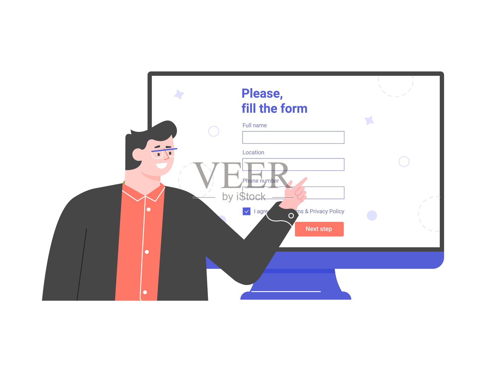 一个男性角色在电脑的背景上显示着一份注册表格。网页设计。矢量平面插图。插画图片素材