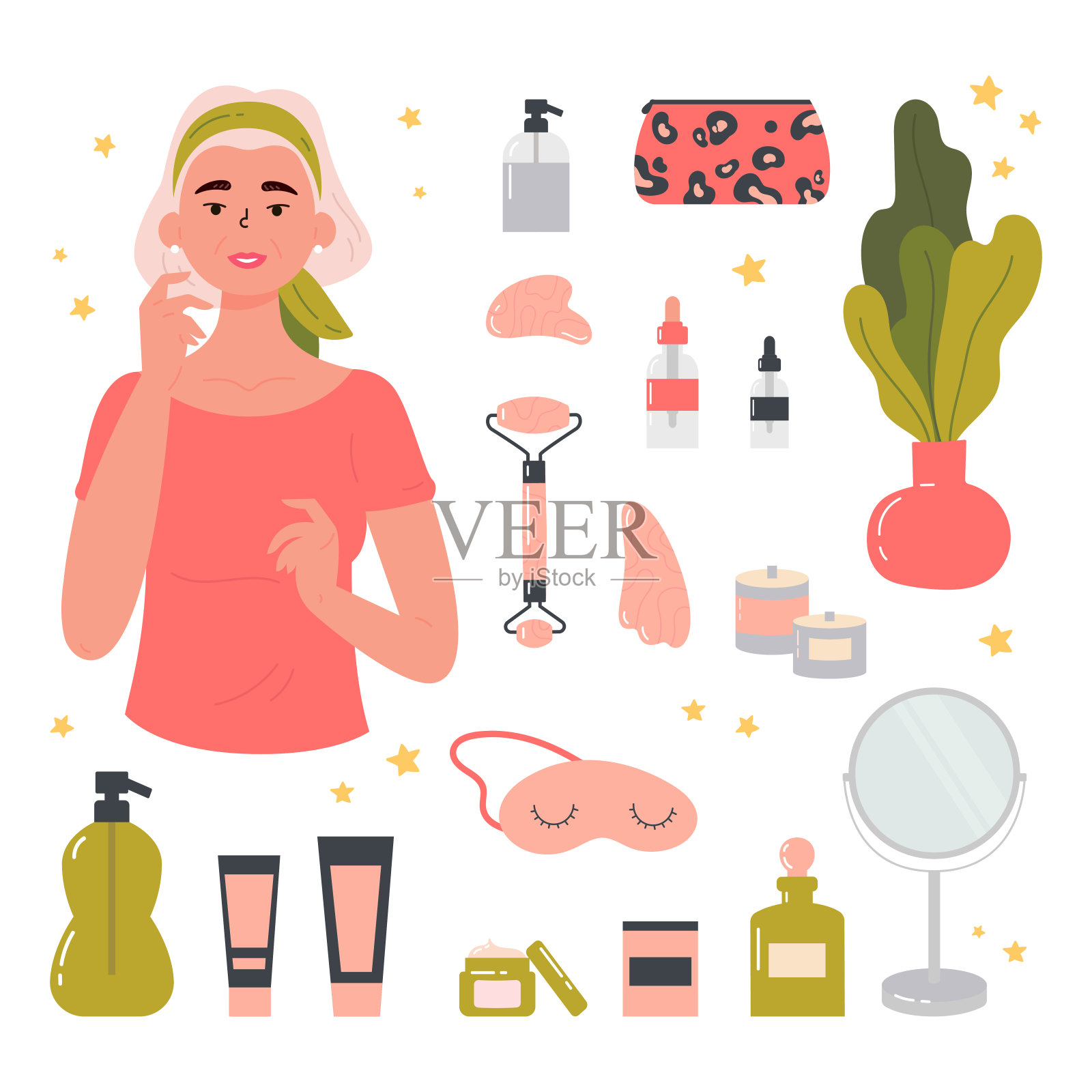 女孩与各种化妆品和配件插画图片素材