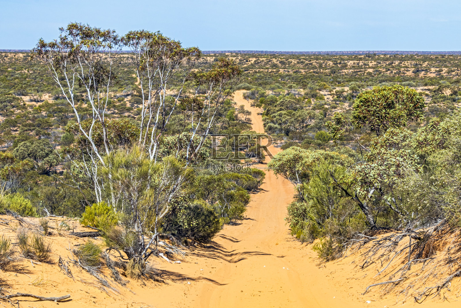 前方的道路:沙漠小径,炎热、干燥、多沙、偏远的荒野照片摄影图片