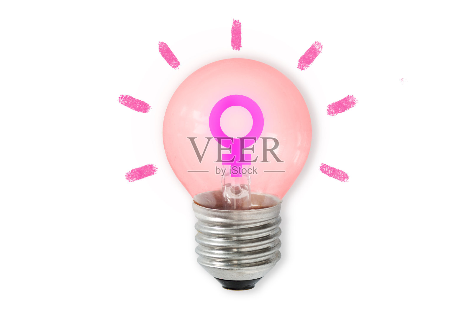 白色背景上带有女性性别符号的粉色灯泡——女性与创意的概念照片摄影图片