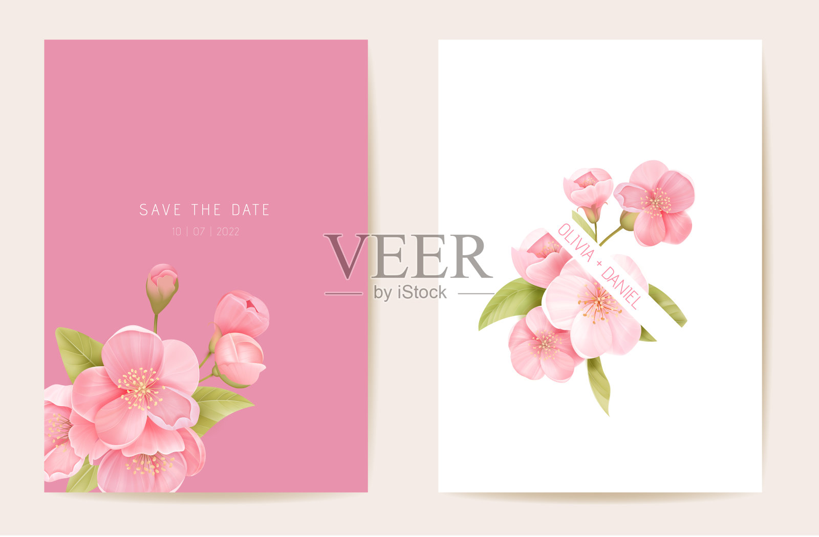 婚礼请柬樱花、樱花、树叶卡片。逼真的花卉春季模板向量。植物拯救日期现代海报,时尚的设计,豪华的背景插画图片素材