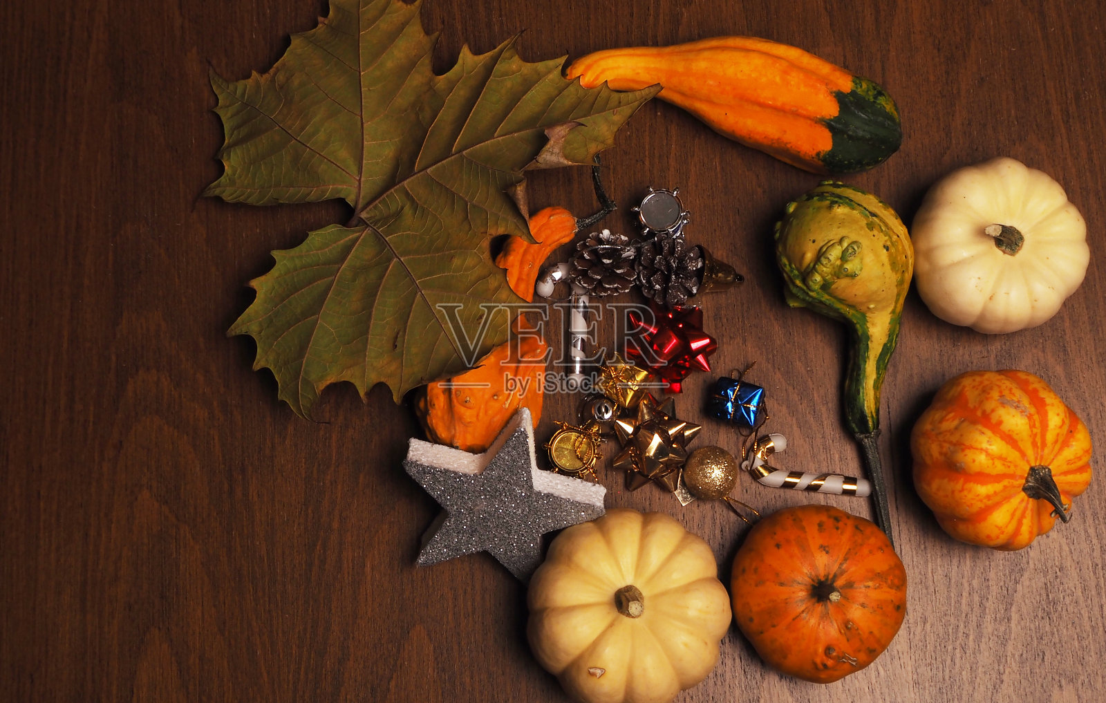 木制树桩上五颜六色的圣诞装饰。五颜六色的小南瓜和干树叶照片摄影图片