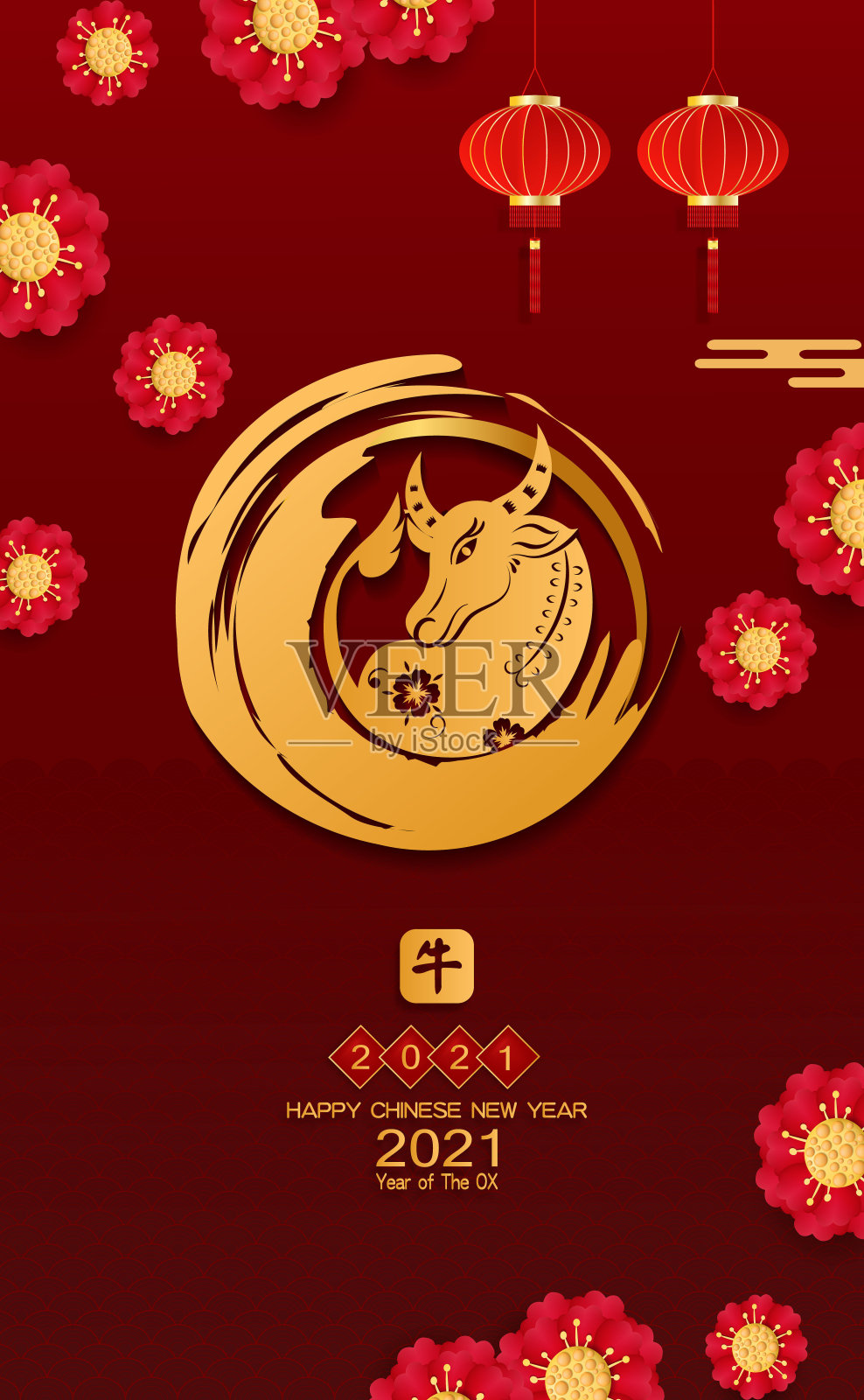 邮政贺卡祝春节2021年牛年剪纸牛亚洲元素与工艺风格。中文翻译是Happy Chinese new year。设计模板素材