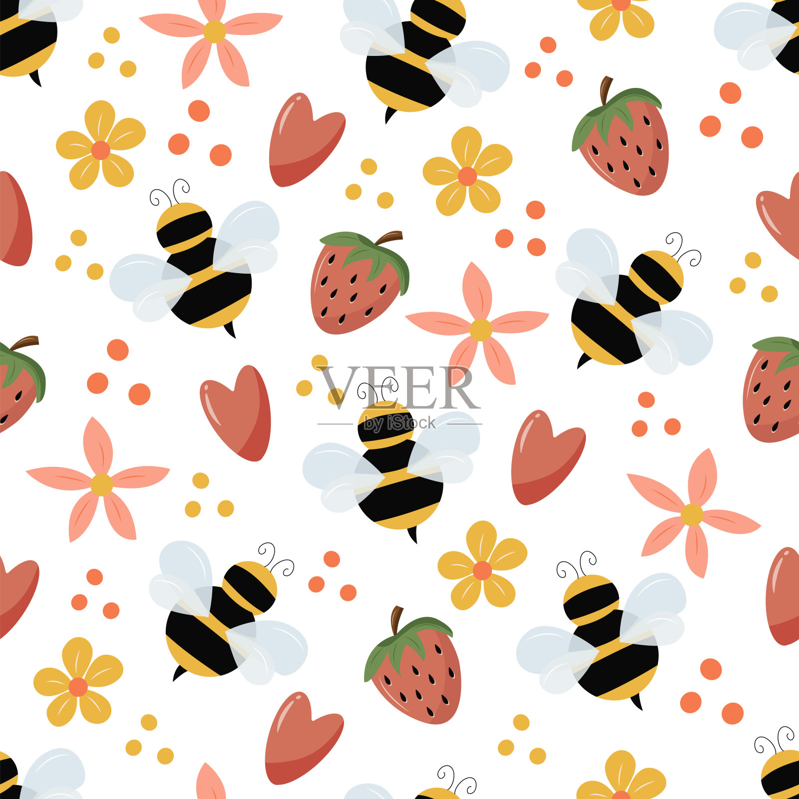 无缝模式与图像的蜜蜂,草莓,心和花在一个白色的背景,在矢量图形。适用于纺织品、服装、包装、箱包的印花设计插画图片素材
