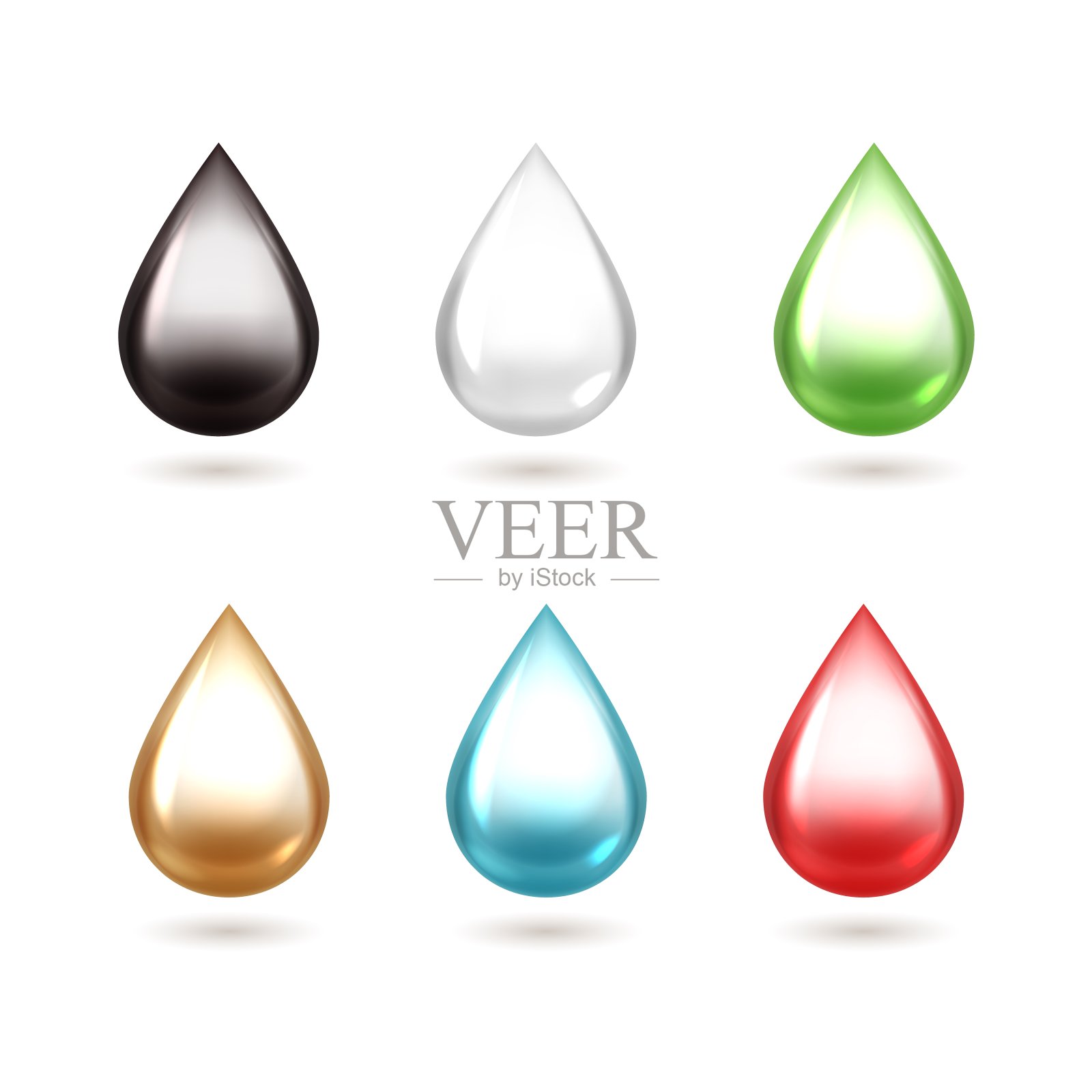 现实的下降。3 d滴下降。有光泽的水滴,光反射和阴影。油或牛奶,血和汽油。流体运动,流体状态。产品广告,矢量集设计元素图片