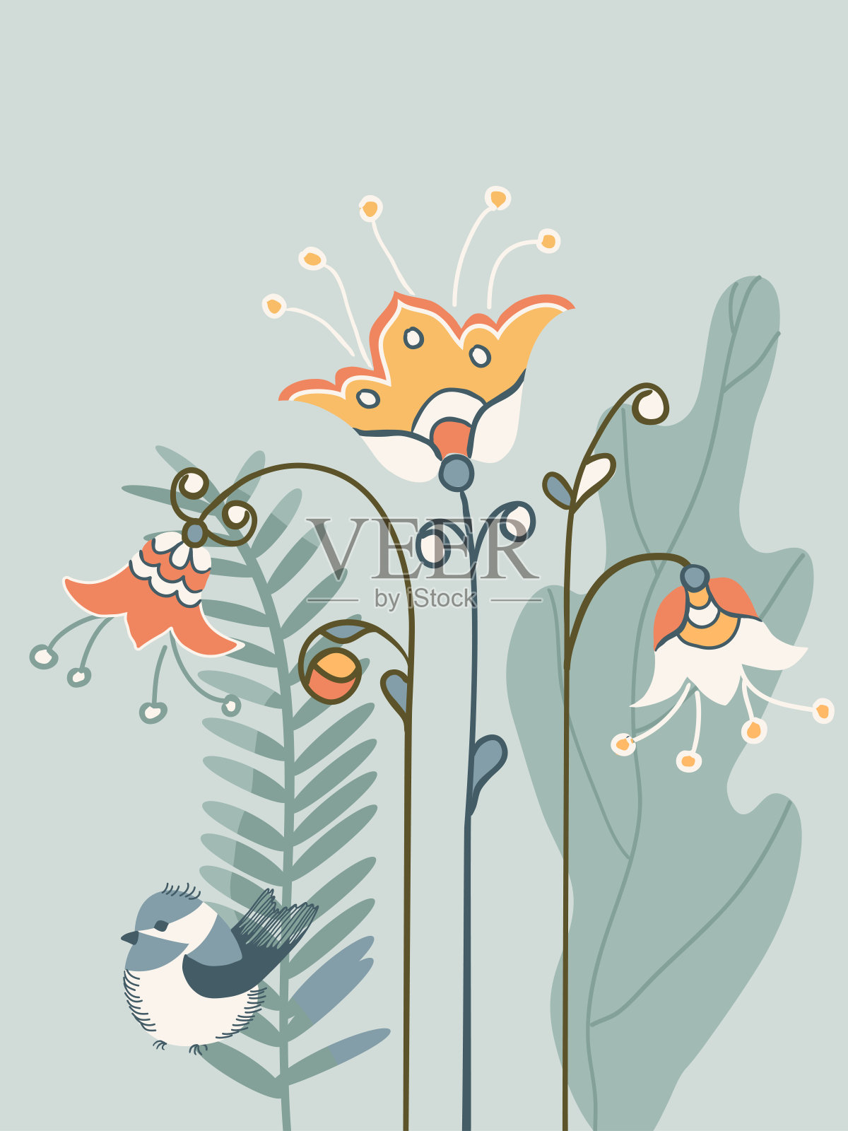 垂直排列的花和鸟在斯堪的纳维亚风格的白色背景。插画图片素材