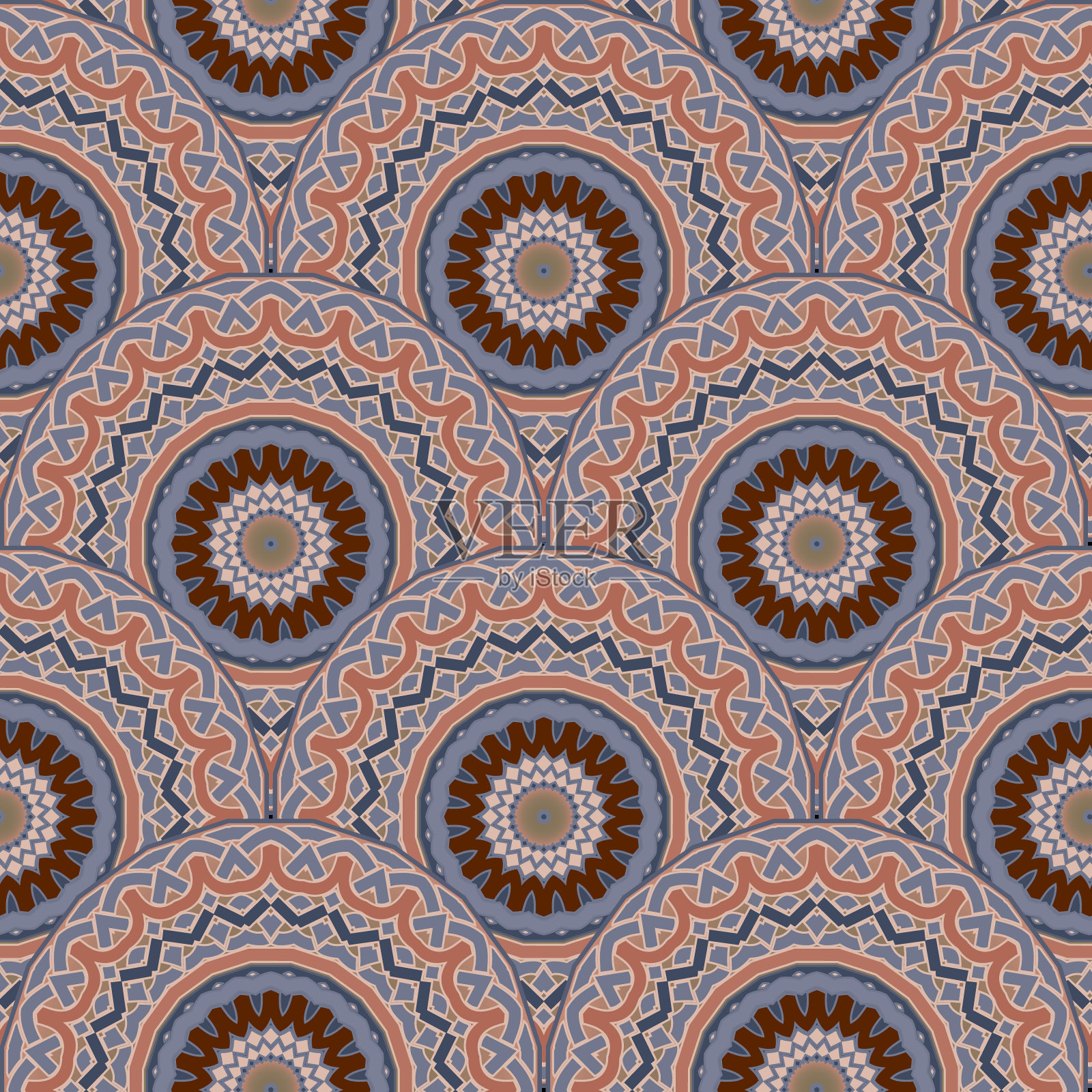 无缝的曼荼罗(坛场)模式。凯尔特风格的装饰载体背景。现代重复华丽的背景。几何瓷砖装饰与圆形,复杂的线条,圆形形状。色彩鲜艳的装饰设计插画图片素材