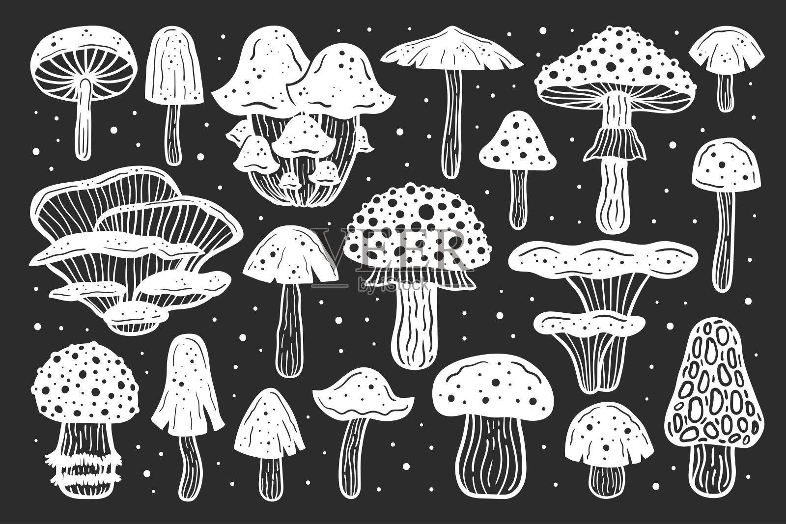 一大堆森林蘑菇。墨水矢量插图。浮雕打印。植物,自然。插画图片素材