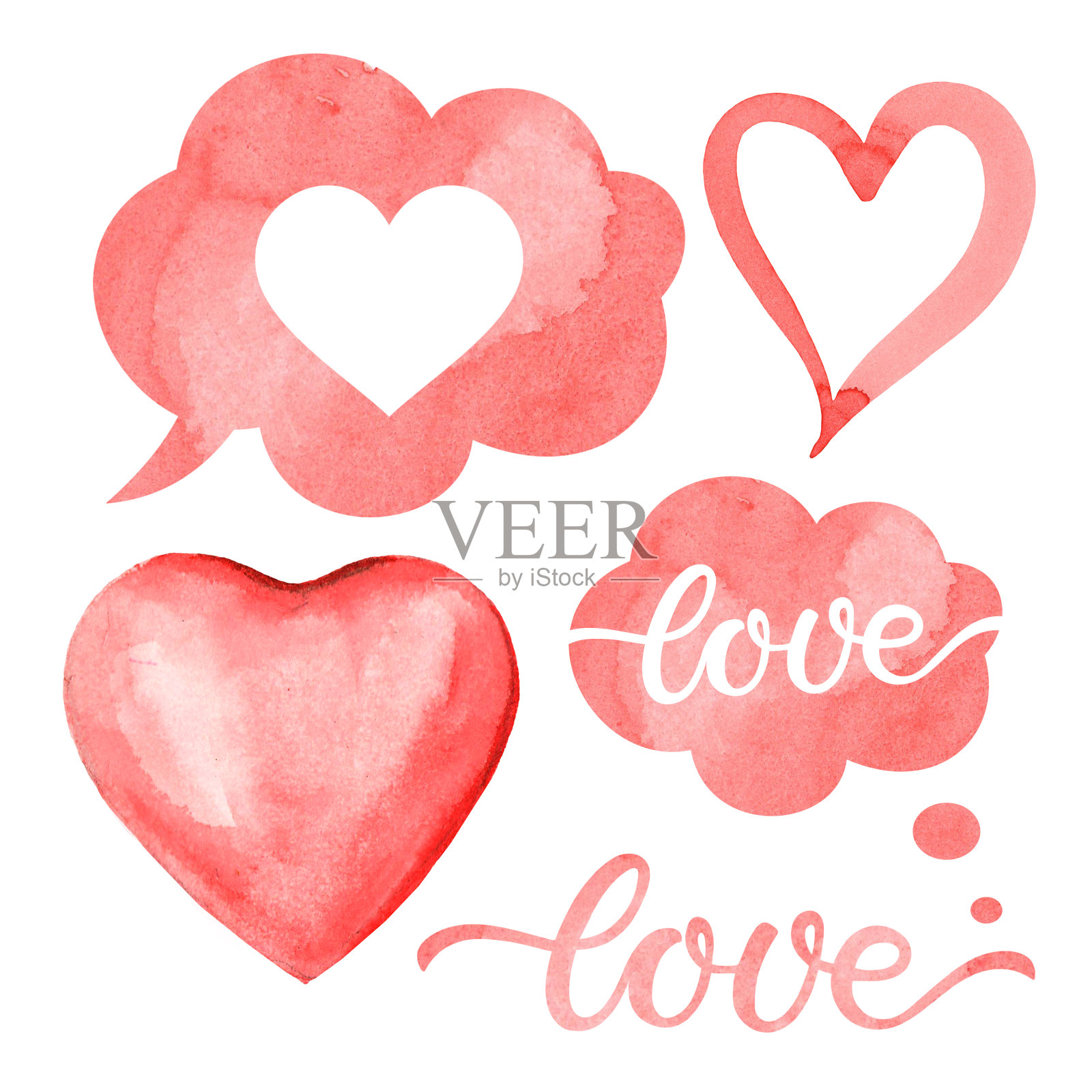 心剪纸艺术。水彩插图。浪漫爱情象征集。送给情人节、生日、结婚请柬、贺卡。红心,情话泡泡。爱的一天。高质量的插图插画图片素材