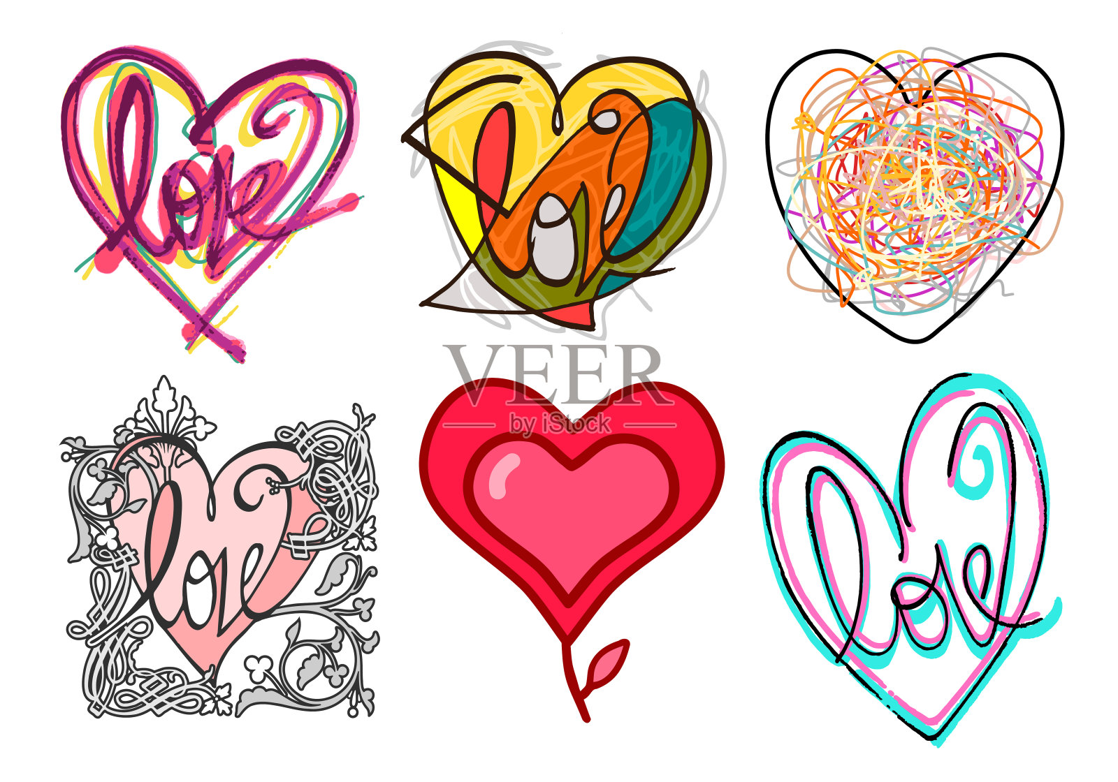 手绘不同风格彩色爱心系列3插画图片素材