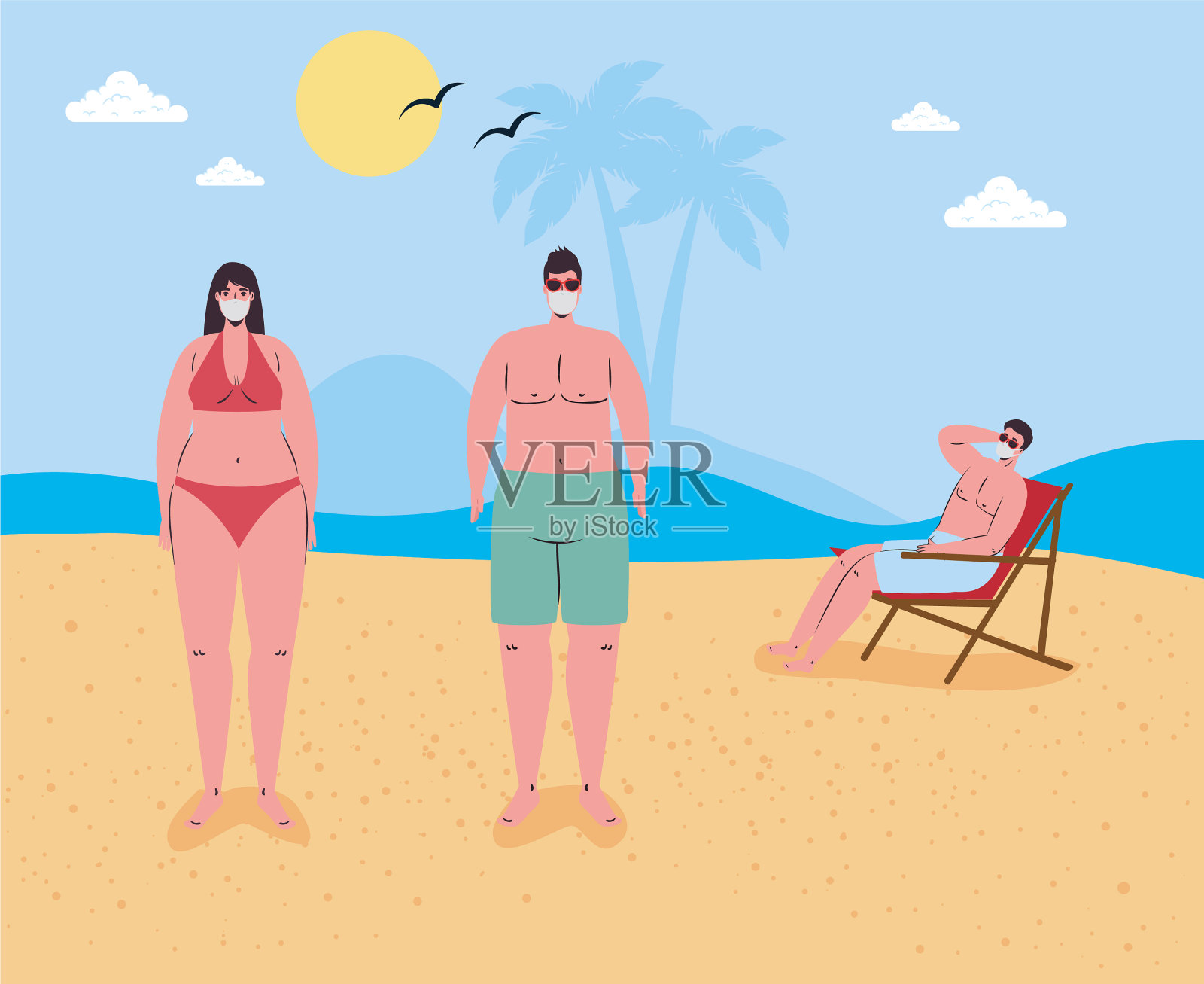 海滩上的社交距离插画图片素材