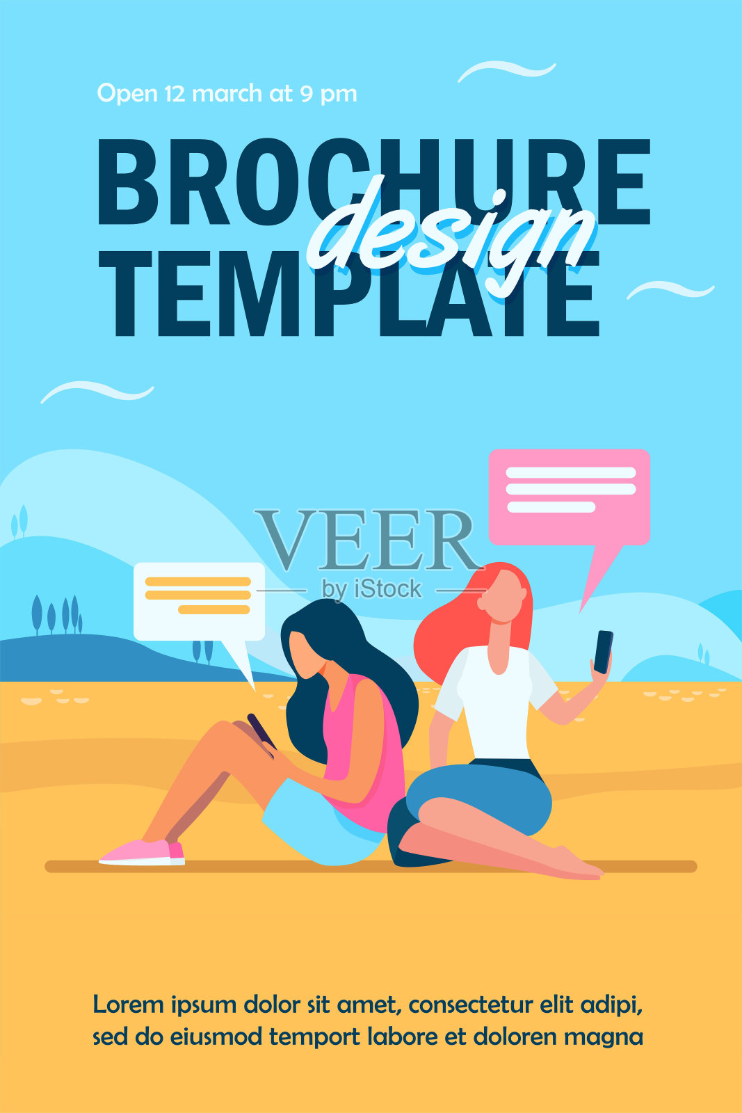 两个女人在大自然中放松,用着智能手机插画图片素材