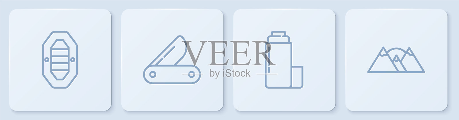 集筏线船,保温瓶集装箱,瑞士军刀和山脉。白色正方形按钮。向量插画图片素材