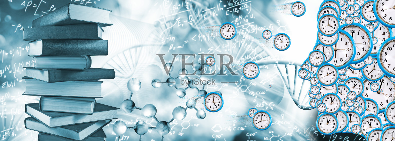 一个人的侧面图,由许多表盘组成,象征着时间的流逝。3d图像照片摄影图片