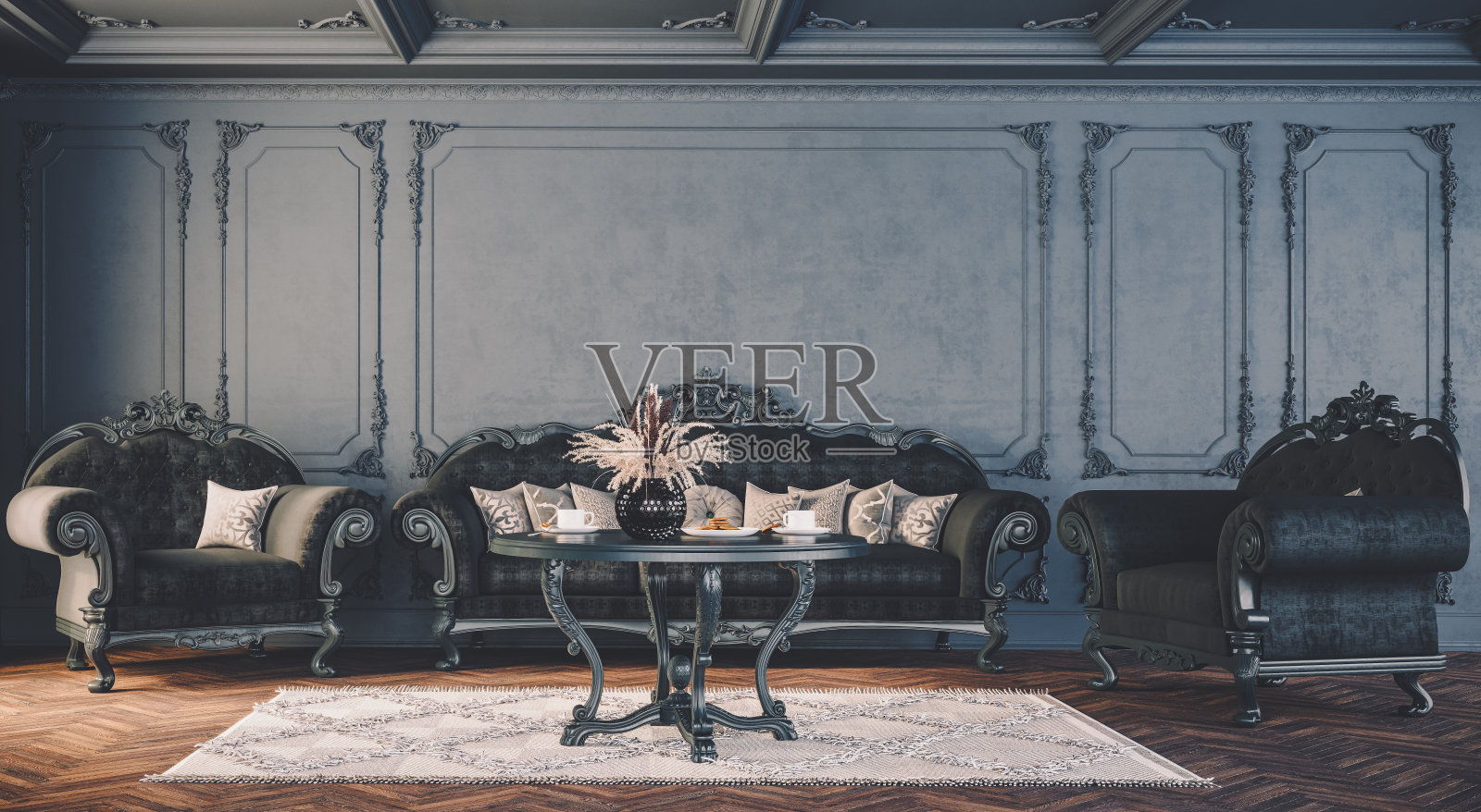 以黑色古典墙为背景的现代室内设计。照片摄影图片