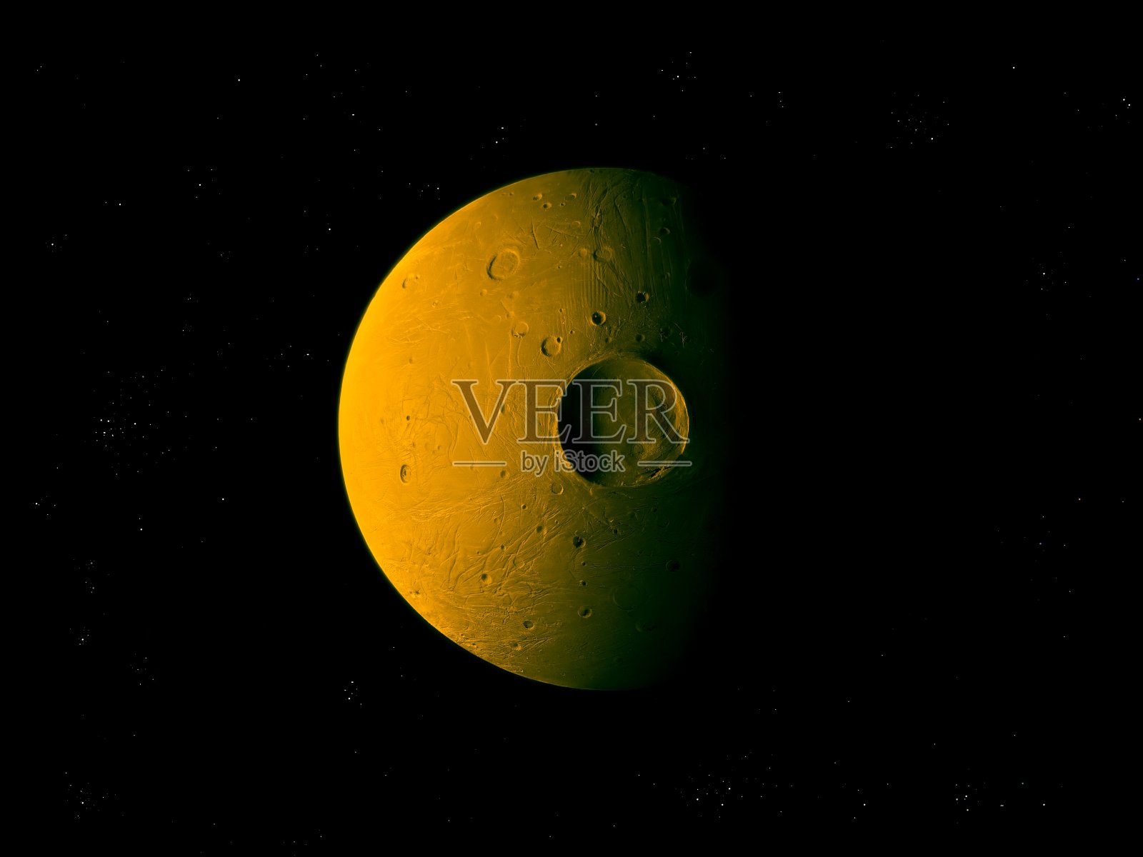 岩石系外行星,在深空有一个大陨石坑,行星背景照片摄影图片