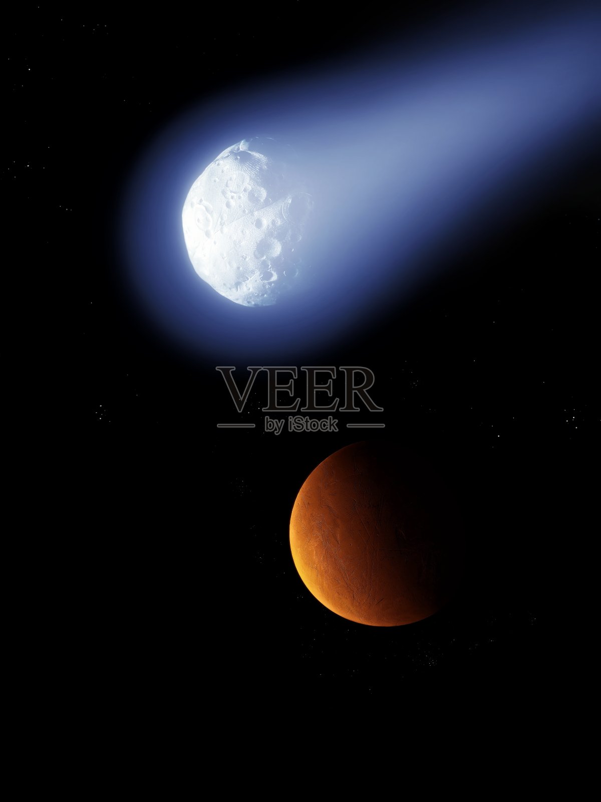 与彗星相撞的威胁,一颗巨大的彗星正在接近这颗行星。照片摄影图片