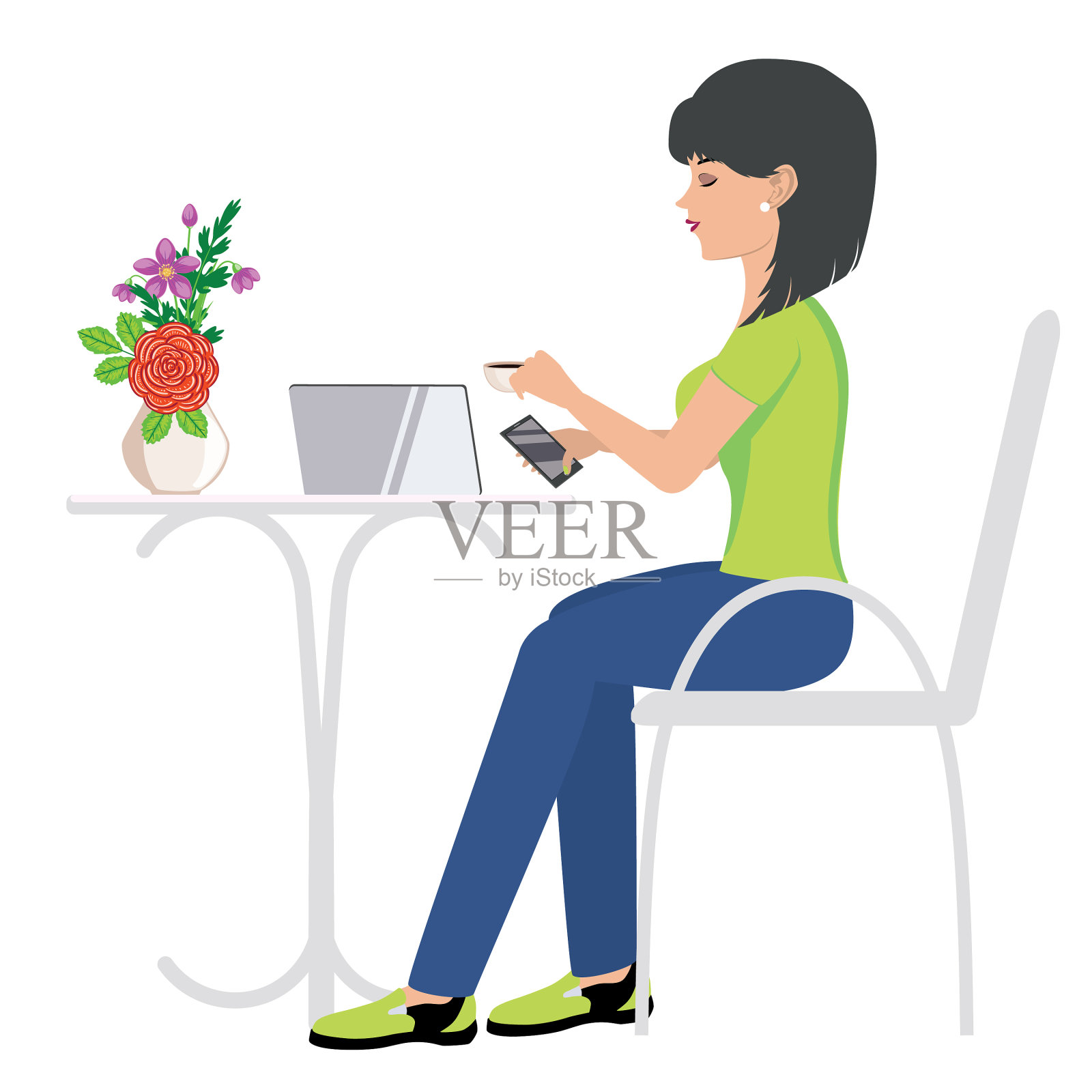 一个在咖啡馆用笔记本电脑工作的女人插画图片素材