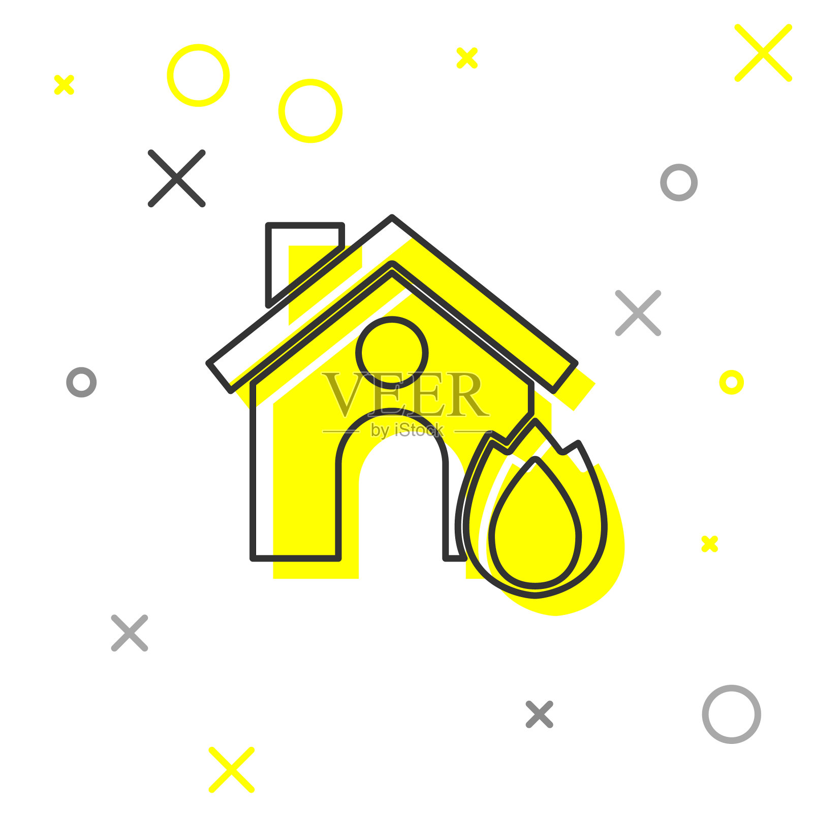 灰线火在燃烧的房子图标孤立上插画图片素材