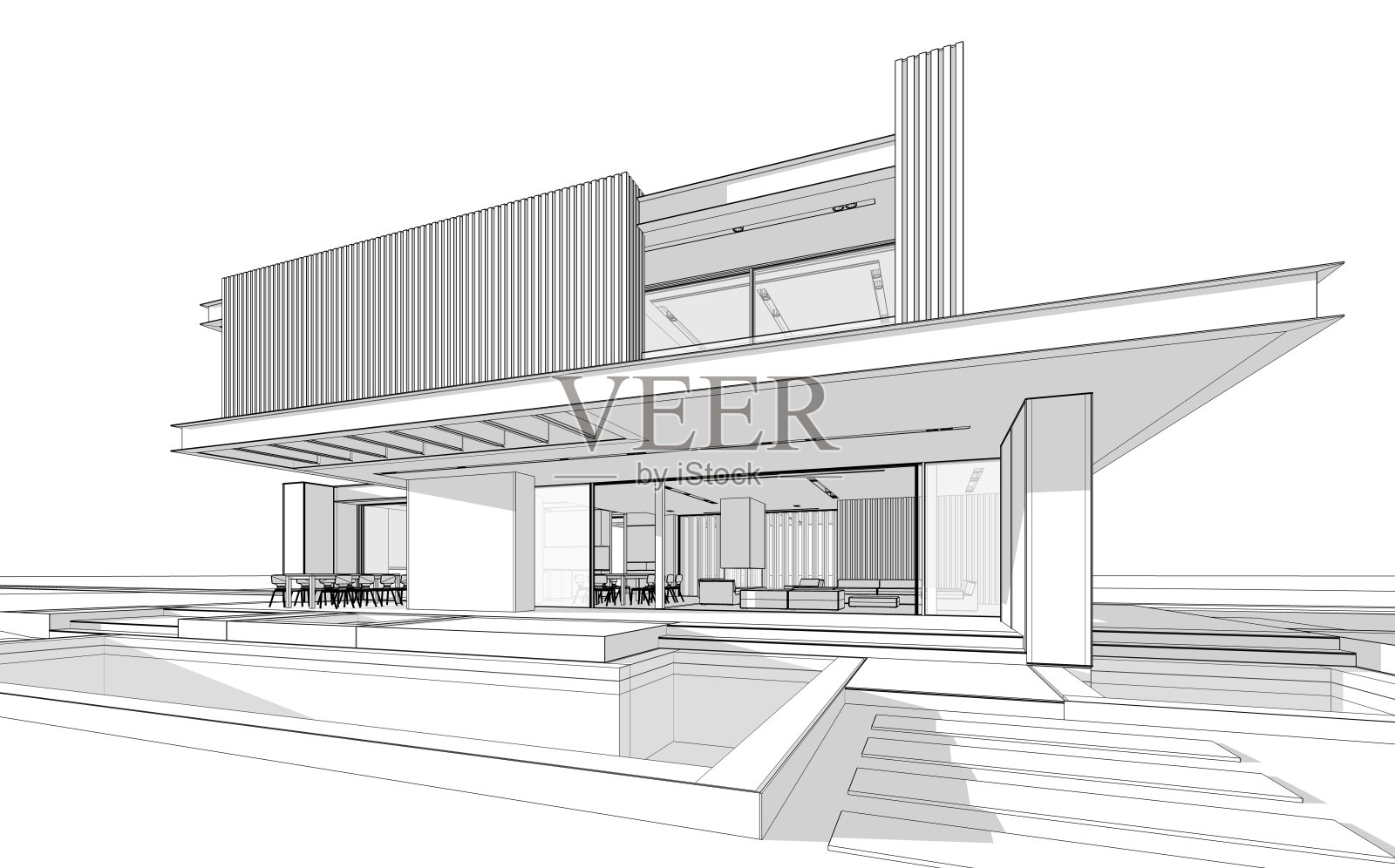 白色背景上带木板外墙黑线的现代住宅3D渲染照片摄影图片