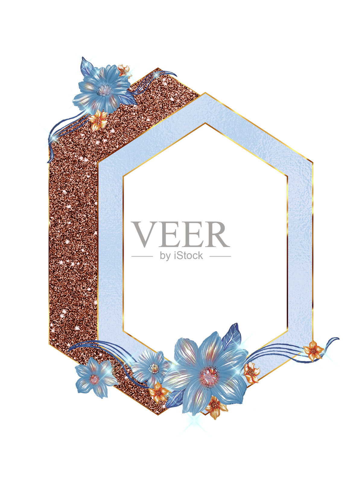 菱形金框,镶有亮片和花朵插画图片素材