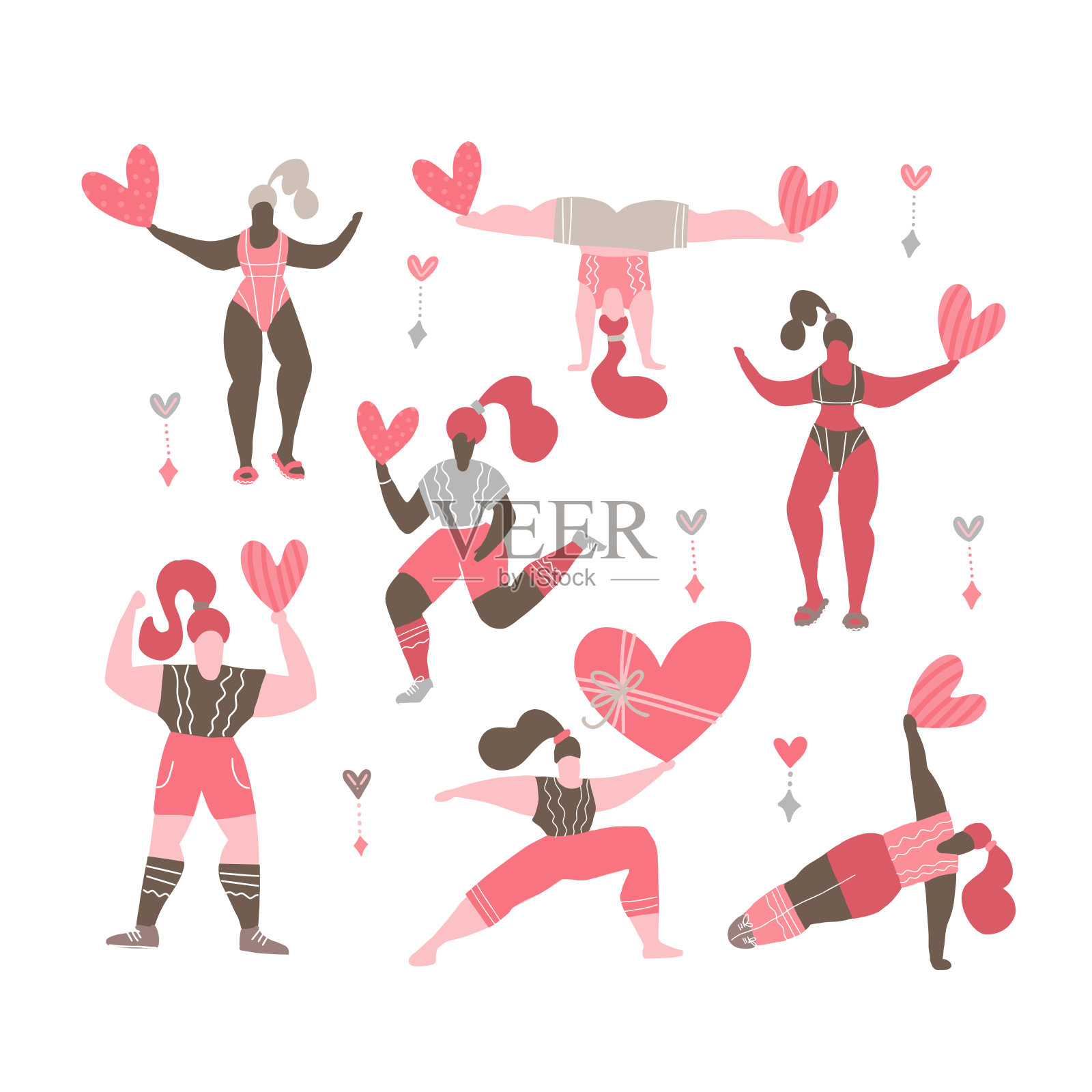 快乐的女孩跳舞,参加体育活动。爱你的身体概念。身体积极的。迷人的超重的女孩不同的种族,谁爱他们的身体抱着心脏。矢量平面插图插画图片素材