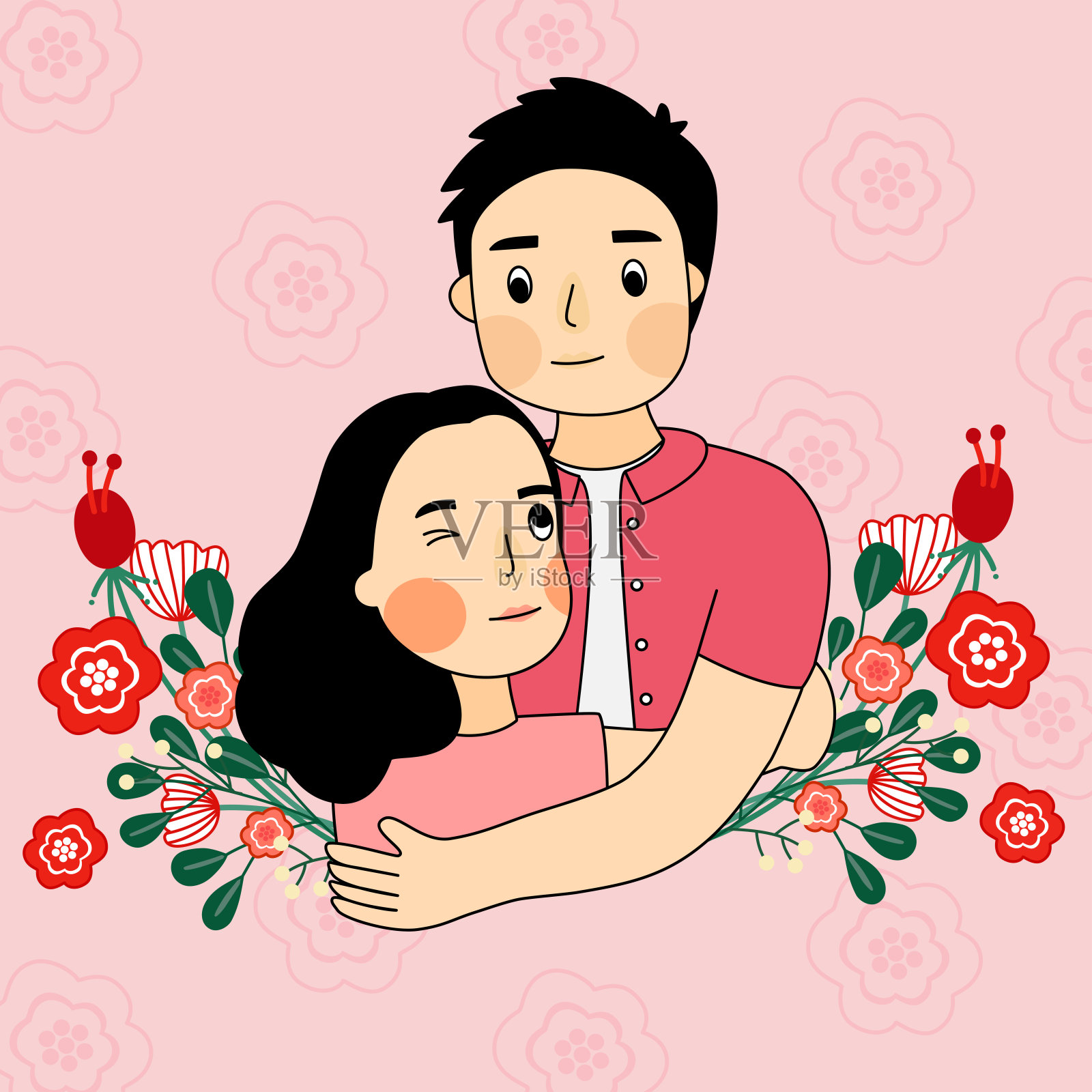 一群可爱甜蜜的情侣在情人节。插画图片素材