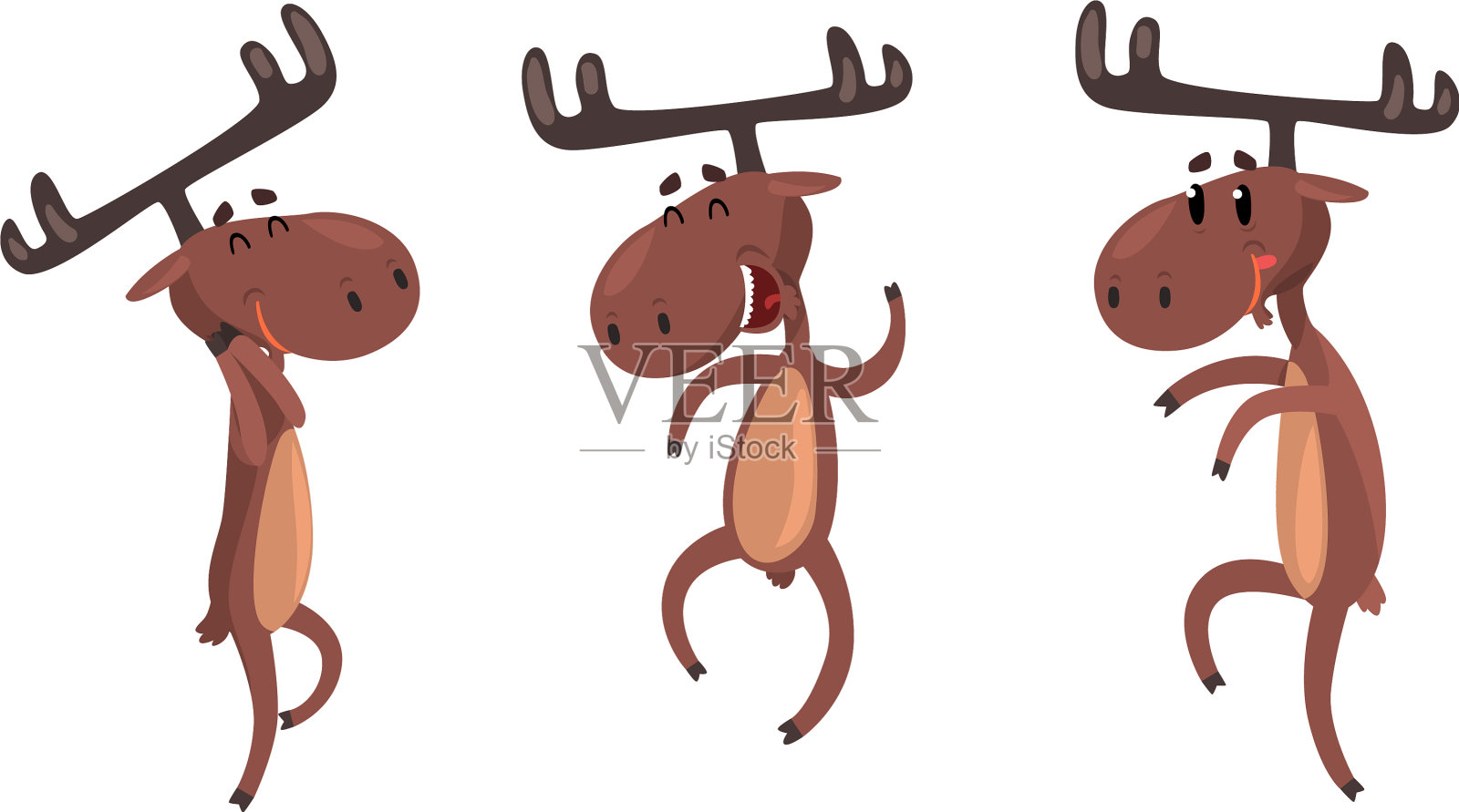 设置有趣的棕色驼鹿在各种姿势设置设计元素图片