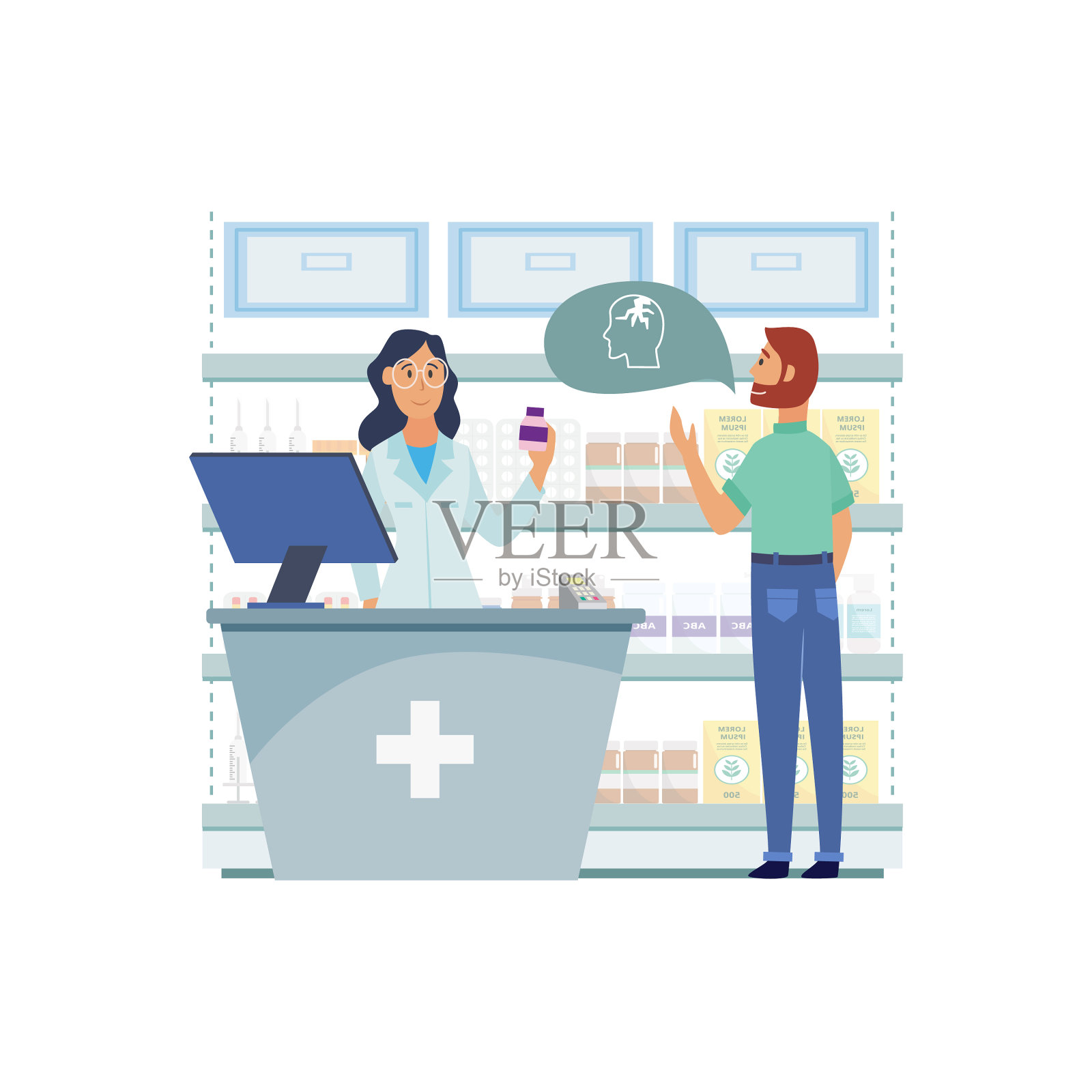 女医生兼药剂师和男客户在设计元素图片