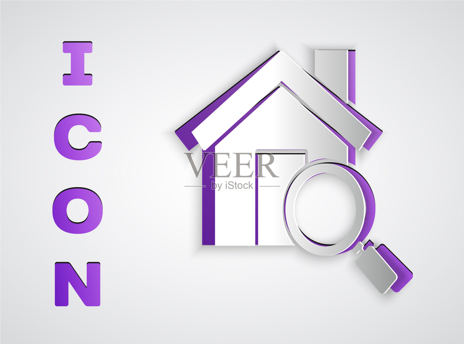 剪纸搜索房子图标孤立在灰色插画图片素材