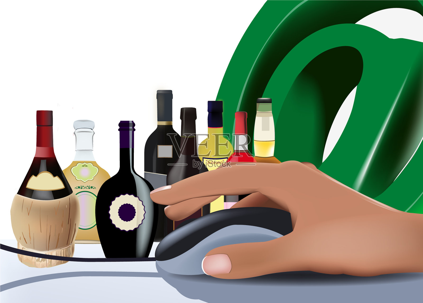 手与互联网鼠标和酒瓶插画图片素材
