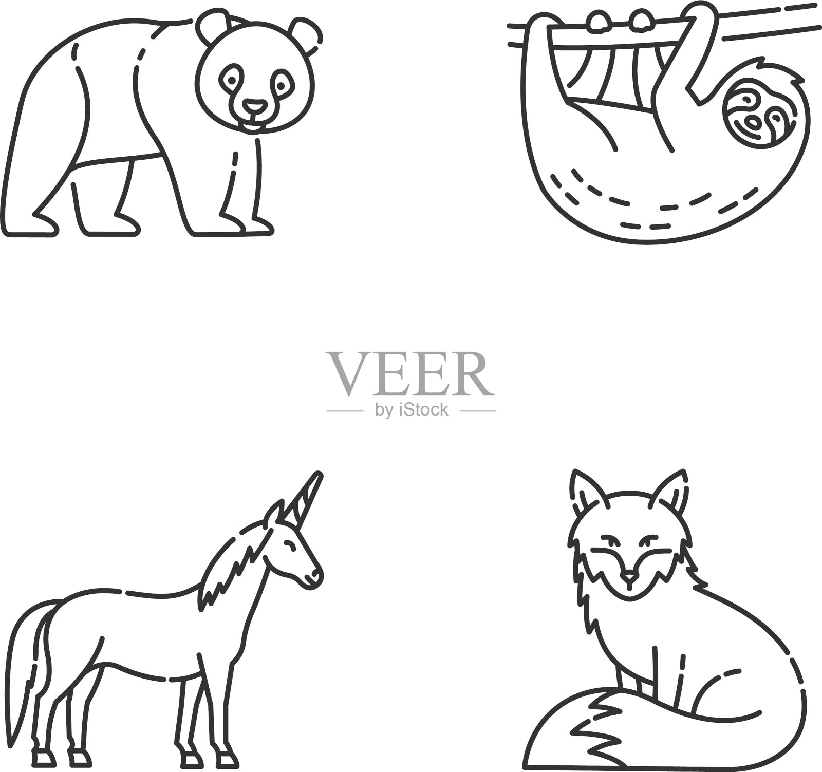 常见和幻想动物像素完美线性插画图片素材