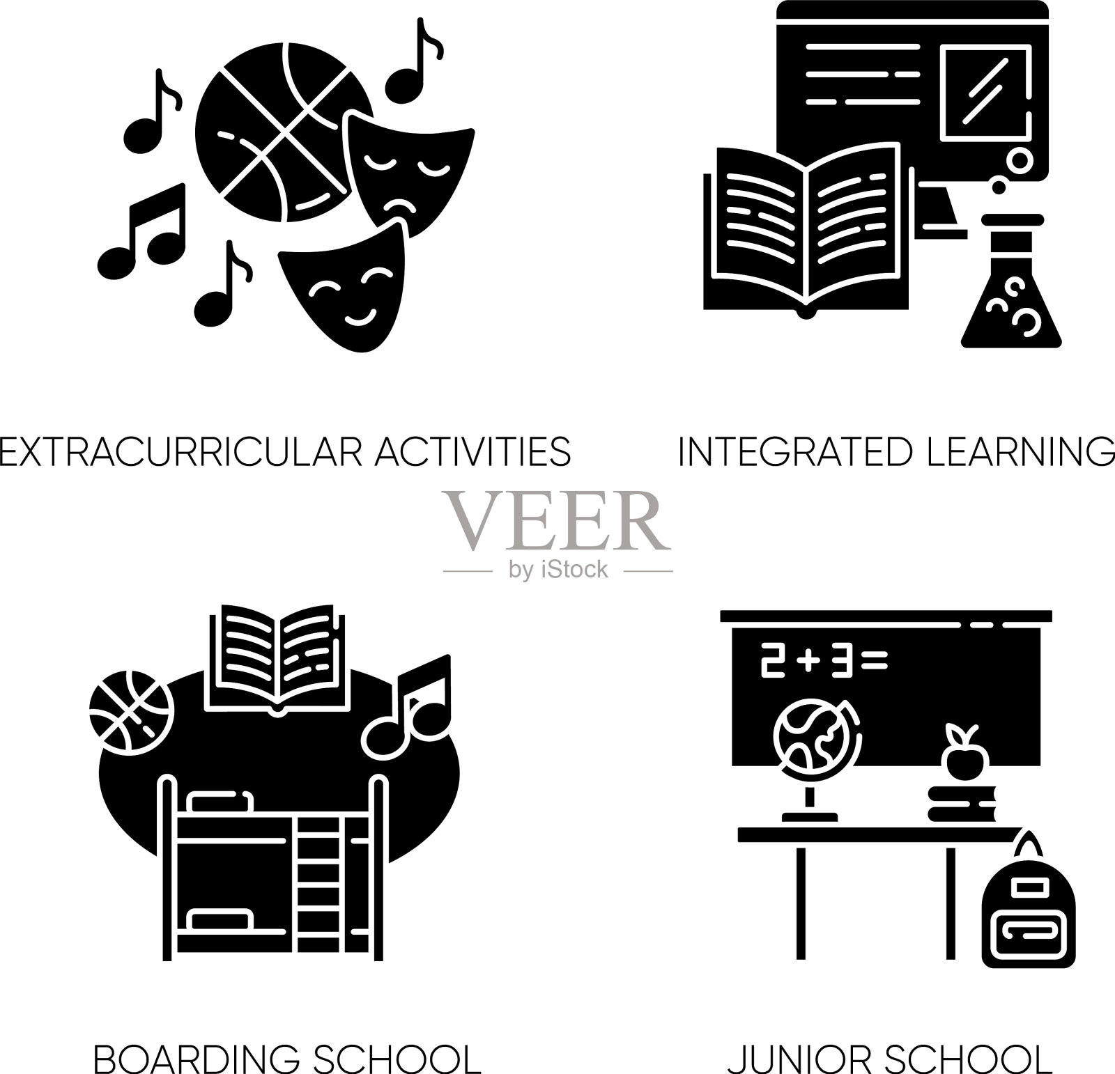 小学教育黑色象形文字图标设置在白色图标素材