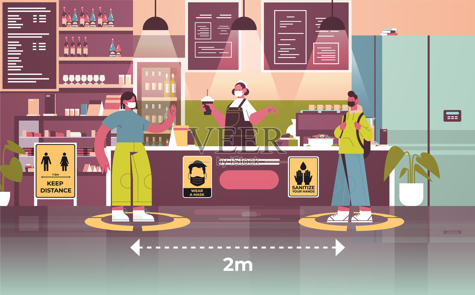 咖啡馆的游客戴着防护面具保持距离插画图片素材