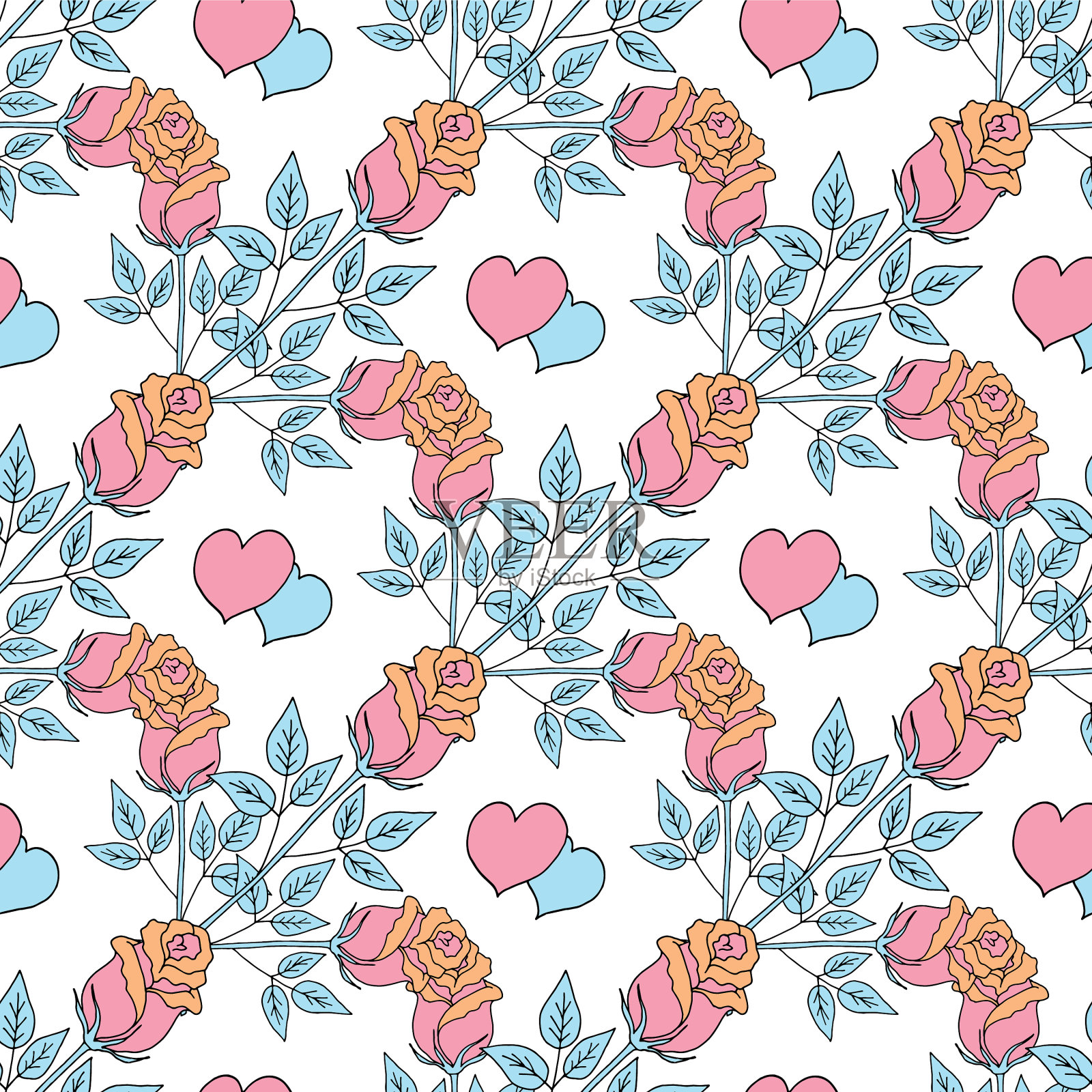 情人节无缝图案玫瑰和心形插画图片素材